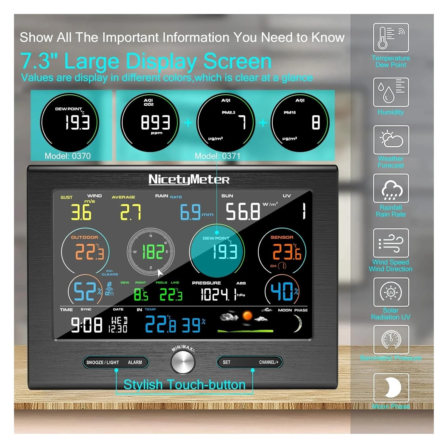 0371 Weather Station Outdoor Sensor Forecast Base Detector Indoor PM2.5 PM10 Co2 Monitor image number 4