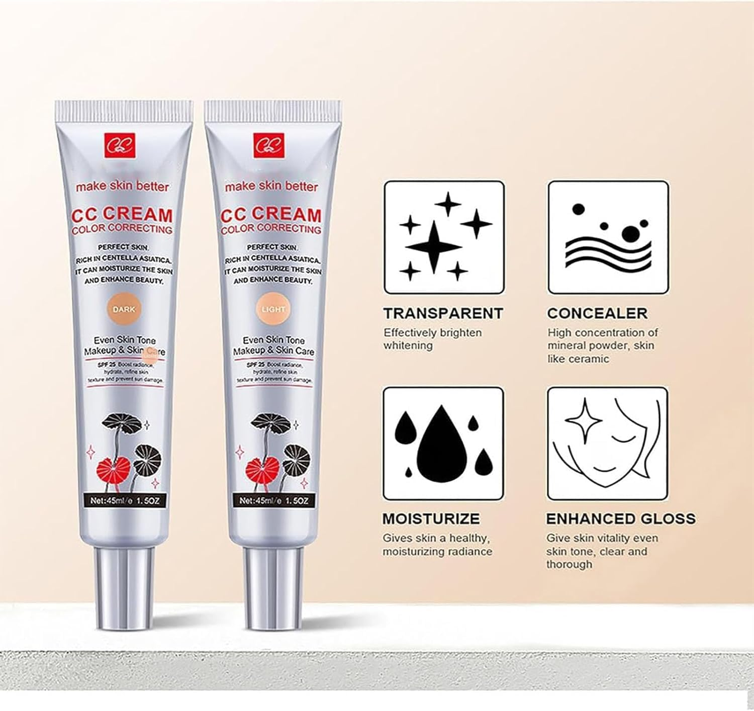 2Pc Korean Color Changing Cc Cream, Multi-Purpose Primer Moisturizing Long-Lasting Face Concealer, Centella Color Correcting CC Cream, Even Skin Tone (Light+Dark) image number 3