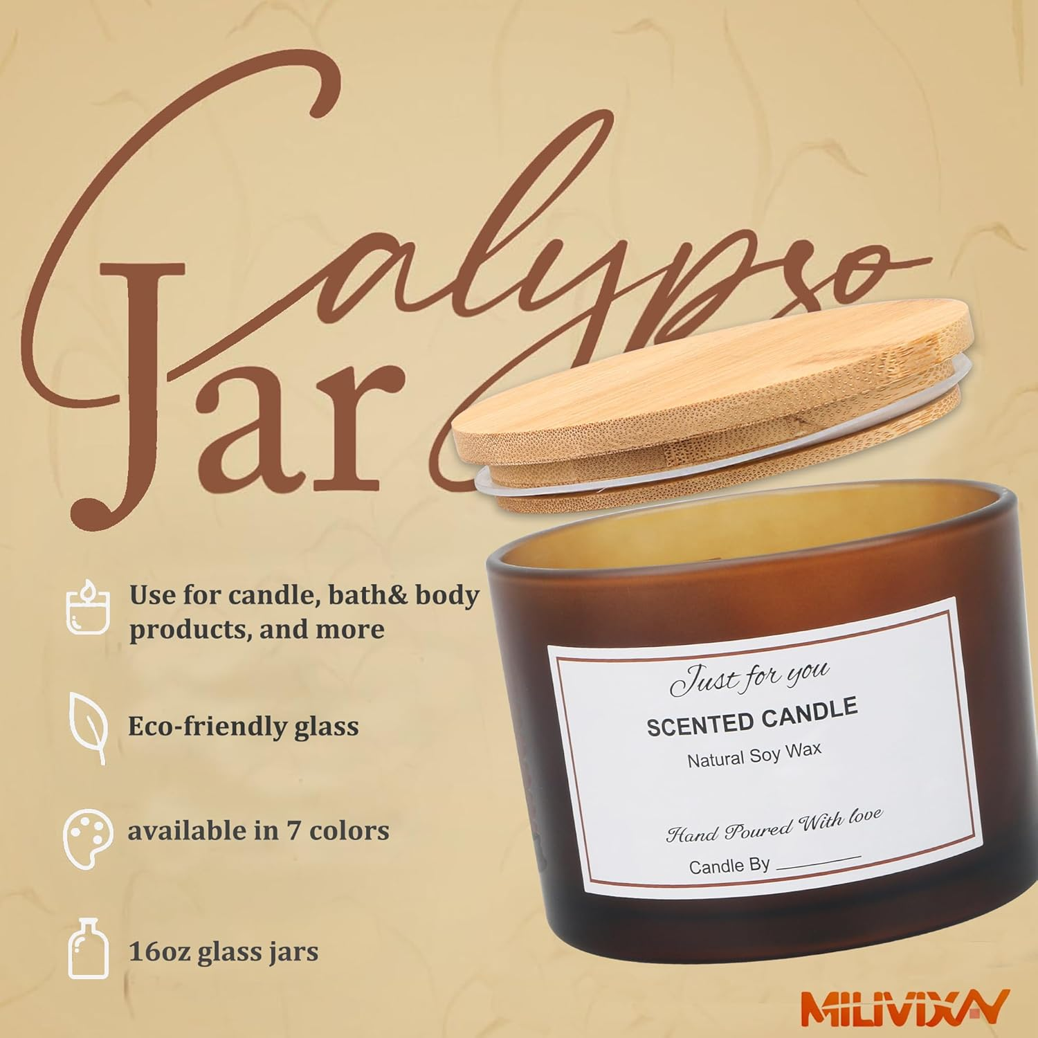 MILIVIXAY 6 X 16Oz Candle Jars with Bamboo Lids and Candle Making Kits - 3-Wick Candle Jar, Empty Frosted Amber Thick Jars for Making Large Candles - Spice