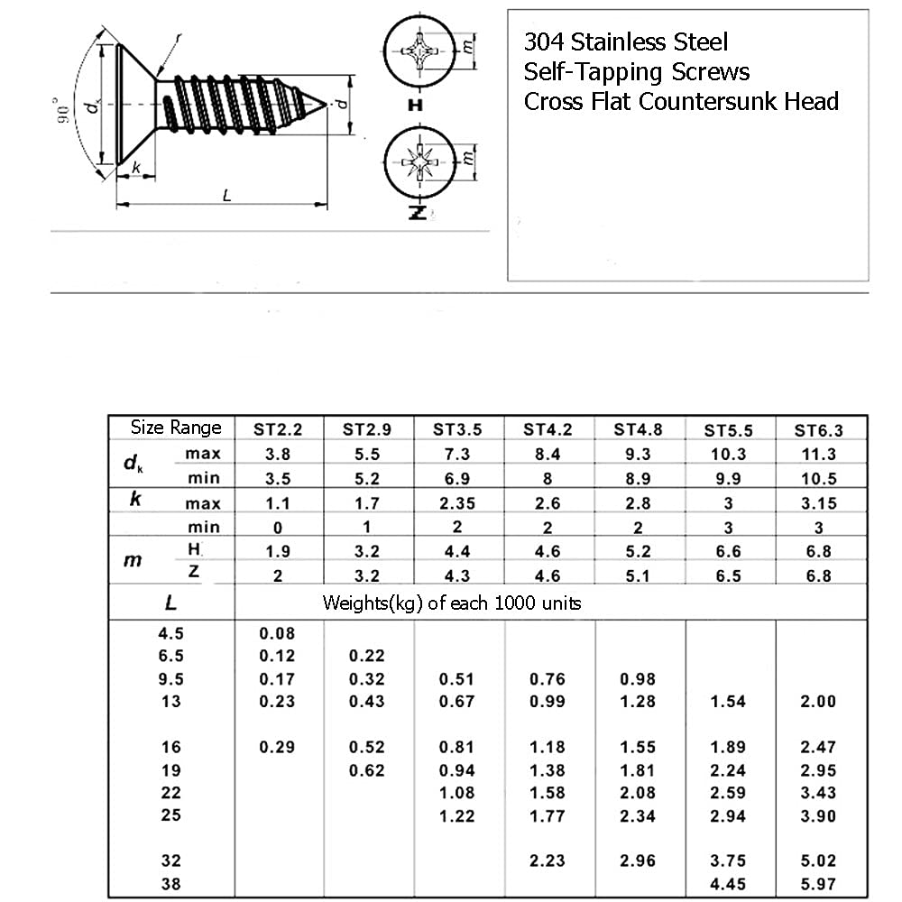 500X NUZAMAS 6G*9.5 304 Stainless Steel Self-Tapping Screws Cross Flat Countersunk Head Screw Miniature Screw Wood Screw Self-Tapping Screws and Wood Screw(St3.5 * 9.5)