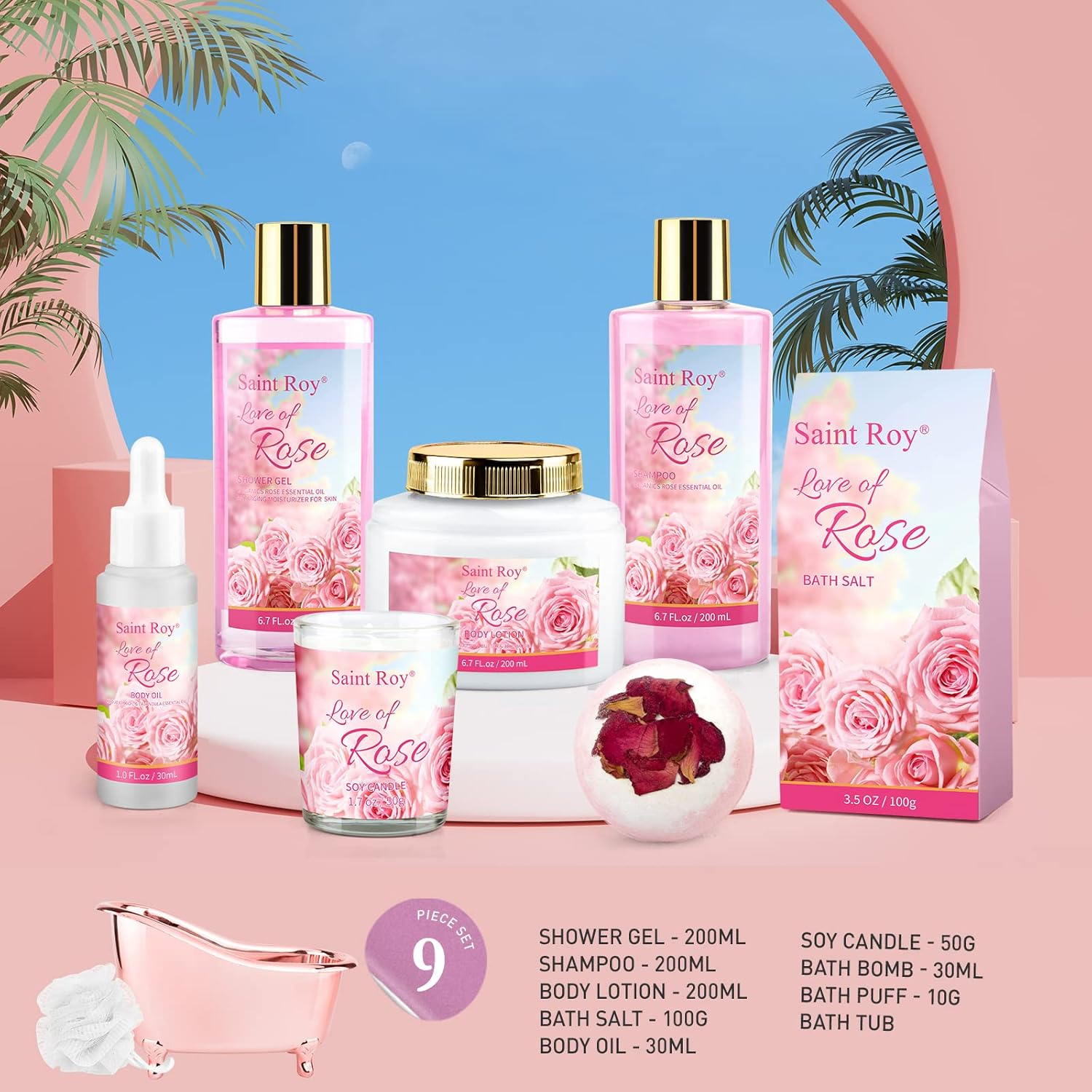Mother Gift Bath Set for Women, Luxury Home Spa Kit Rose Bath Gift Basket 9Pcs, Includes Shower Gel, Body Lotion, Bath Salts, Bath Bomb, Spa Candle, Relax Bath Puff and More, Christmas Gift for Her image number 3