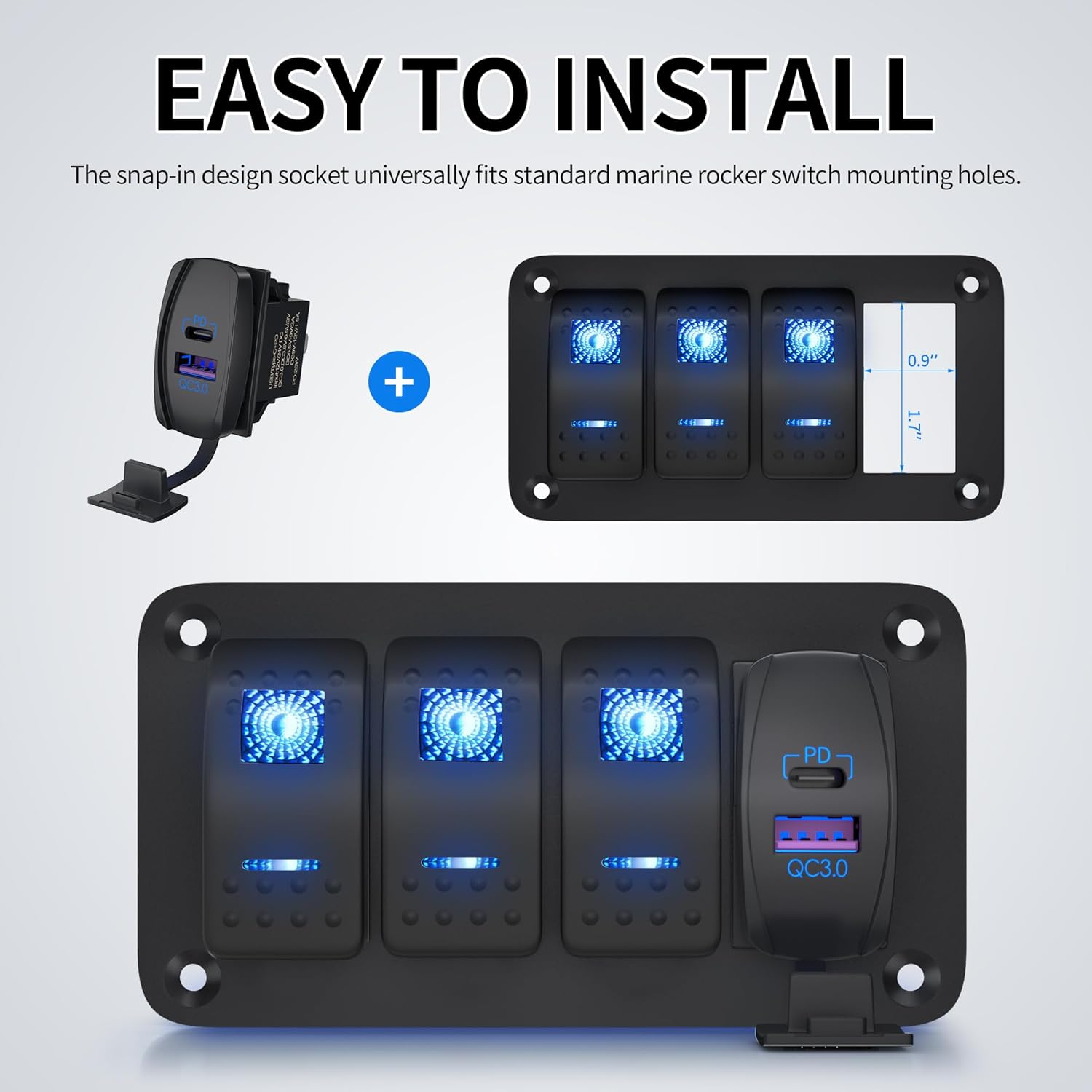 DAIERTEK USB Rocker Switch 12V Waterproof USB C & QC 3.0 Dual Ports Outlet PD Charger Socket for Car, UTV, RZR, RV, Truck, Marine image number 3