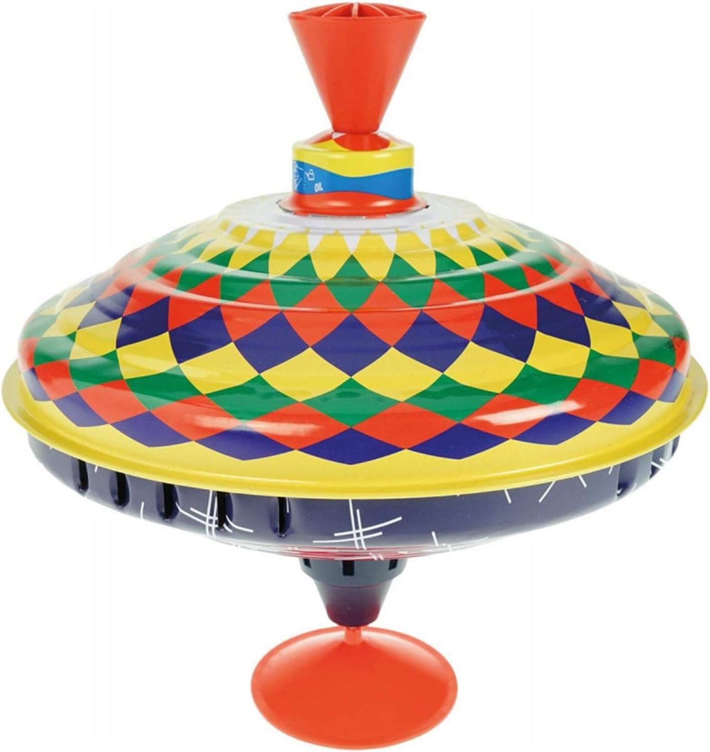 Lena 52225 Bolz Humming Multicoloured 19 Cm, Sheet Metal Swing, Classic Pump Spinner, Tin Colourful Motif, Stand, Toy Spinning Top for Children from 18 M, L/B/H: 19 X 19 X 21 Cm