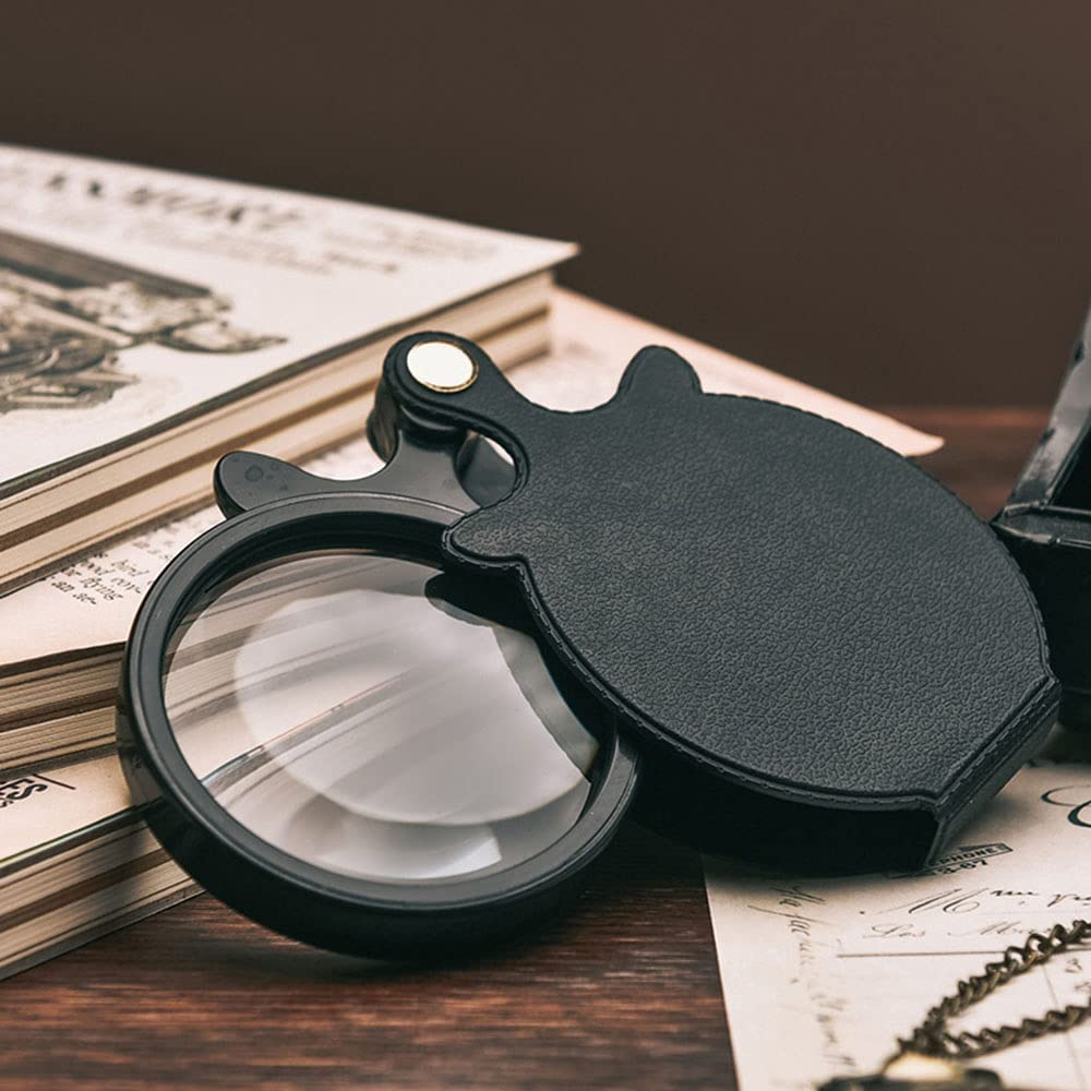 Meichoon 2Pcs 10X Mini Magnifying Glass,Small Pocket Folding Magnifier with Rotating Protective Holster for Reading Newspapers/Books/Magazines,Science,Jewelry,Hobbies(Black+Blue) image number 1