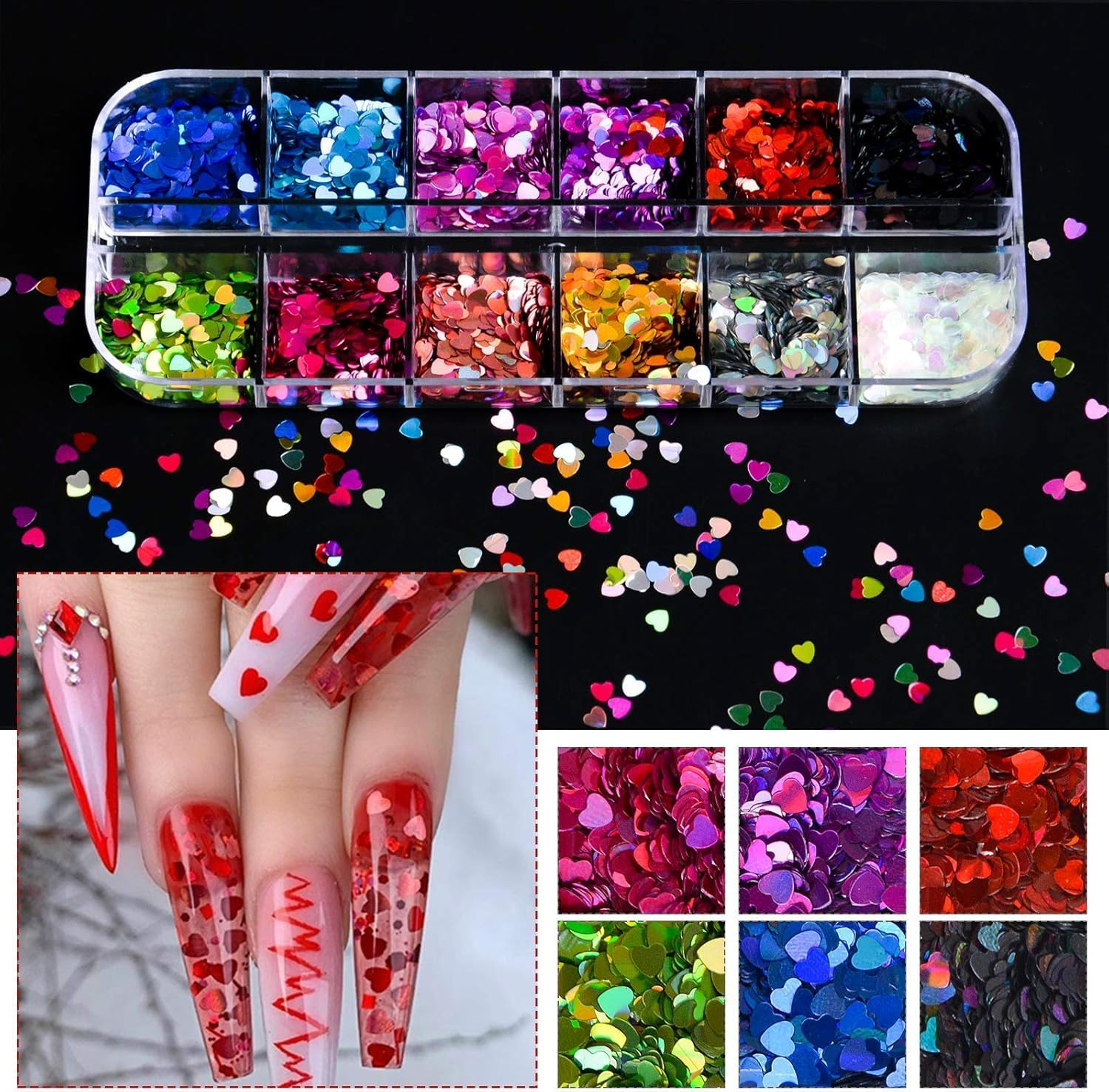 EBANKU Holographic Heart Shaped Nail Art Sequins, 36 Colors, DIY Craft & Makeup Effects image number 2