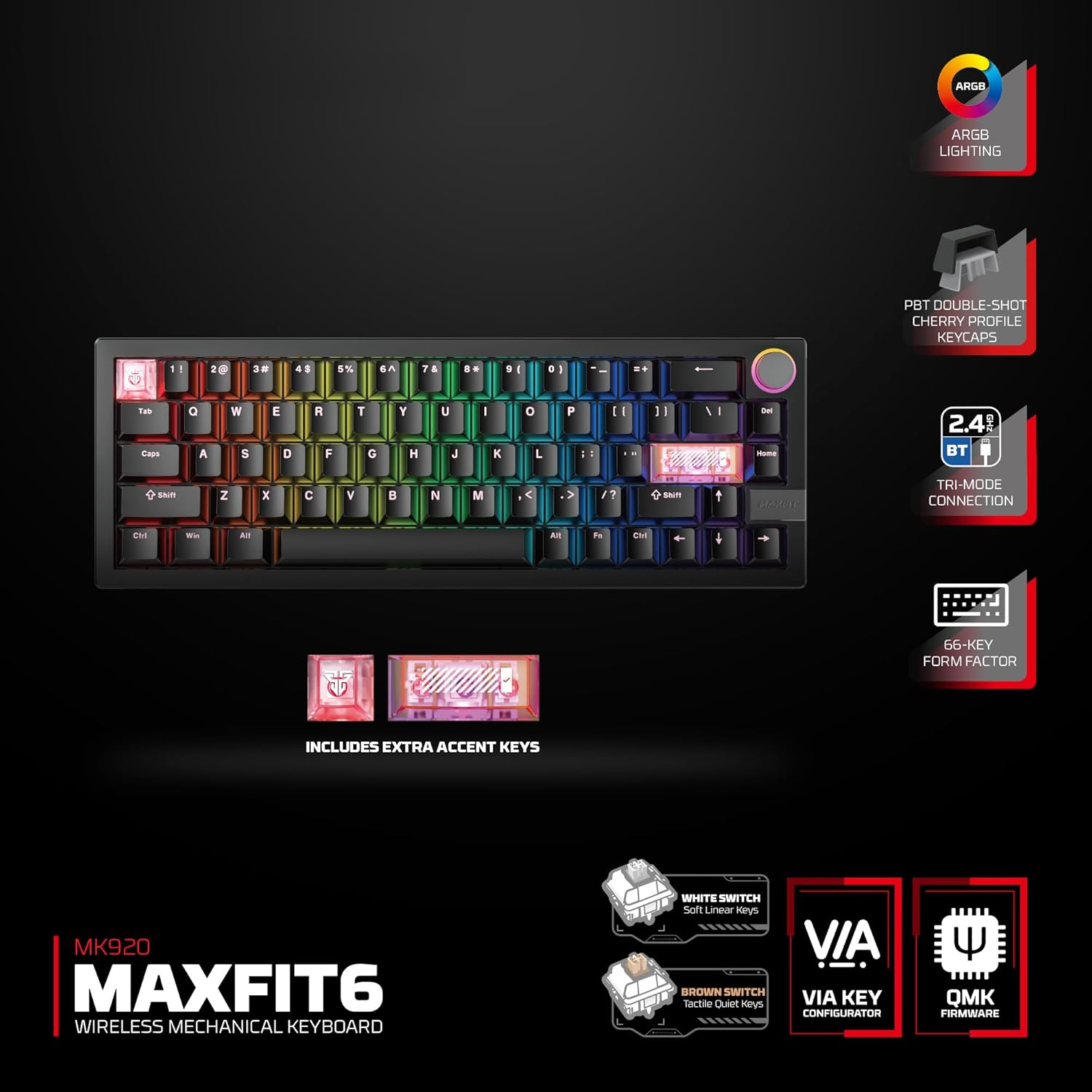 Fantech MAXFIT6 60% Gasket-Mounted Mechanical Keyboard, Support QMK/VIA Hot Swappable with Knob, Bluetooth/Wireless & Wired RGB Gaming Keyboard Mac/Windows (Black, Brown Switch) image number 1