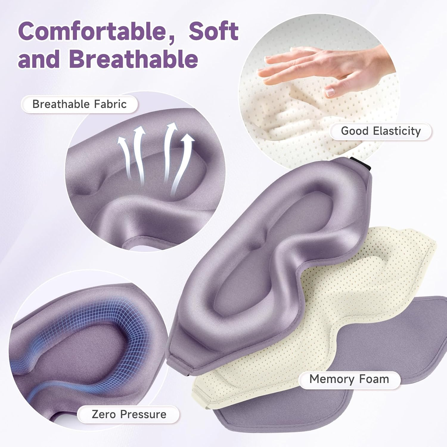 3D Eye Sleep Mask, 99% Fully Block Out Light Deep Contoured Eyes Cover NO Pressure with Adjustable Strap, Long Lash Extension Eyes Mask for Women Men Sleeping Travel Home Nap Rest Use (Light Purple) - Grey image number 5