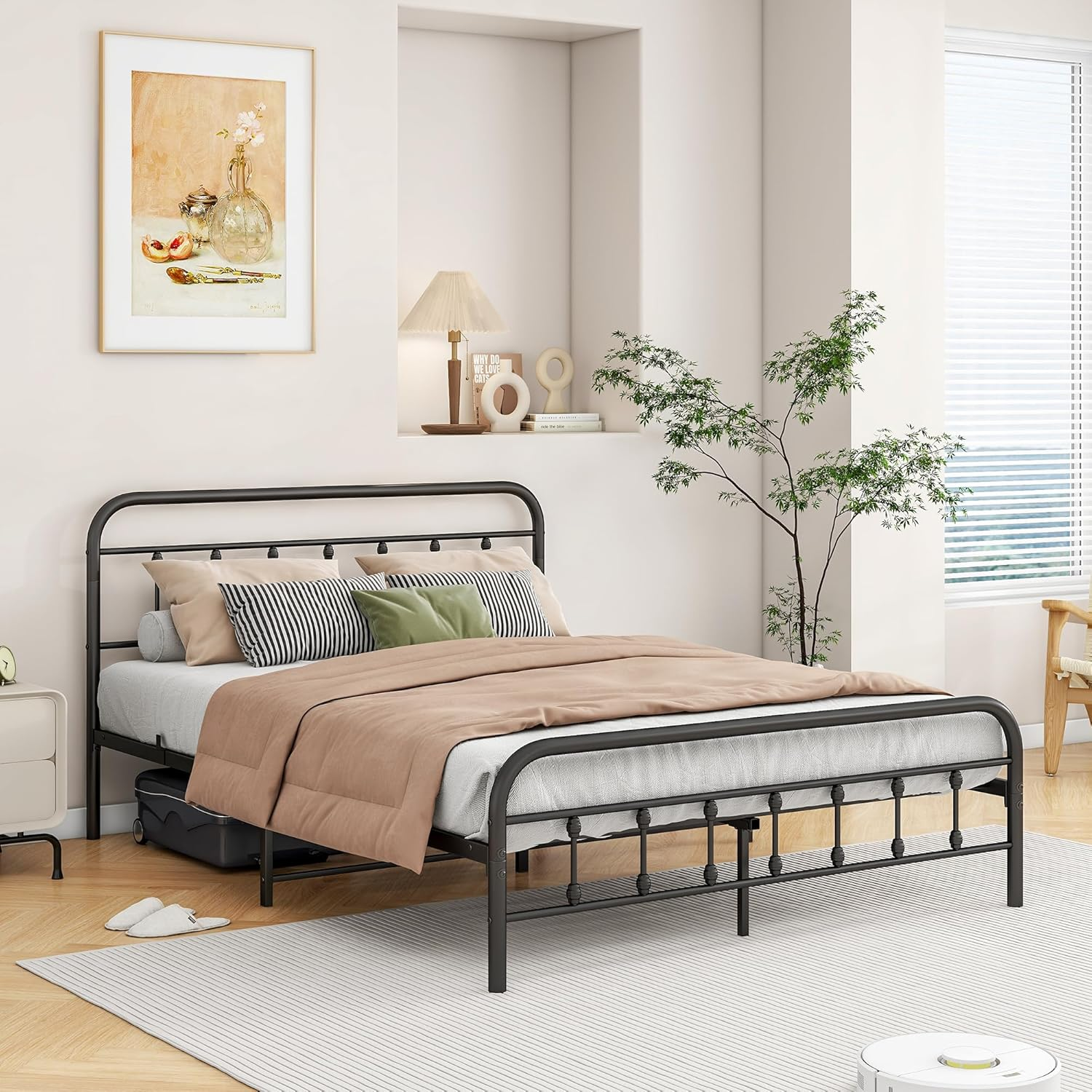 Vintage Queen Size Bed Frame with Headboard and Footboard, Queen Bed Base with Heavy Duty Metal Platform Bed Frame Steel Slat Support (Queen, Black Sanded) image number 6