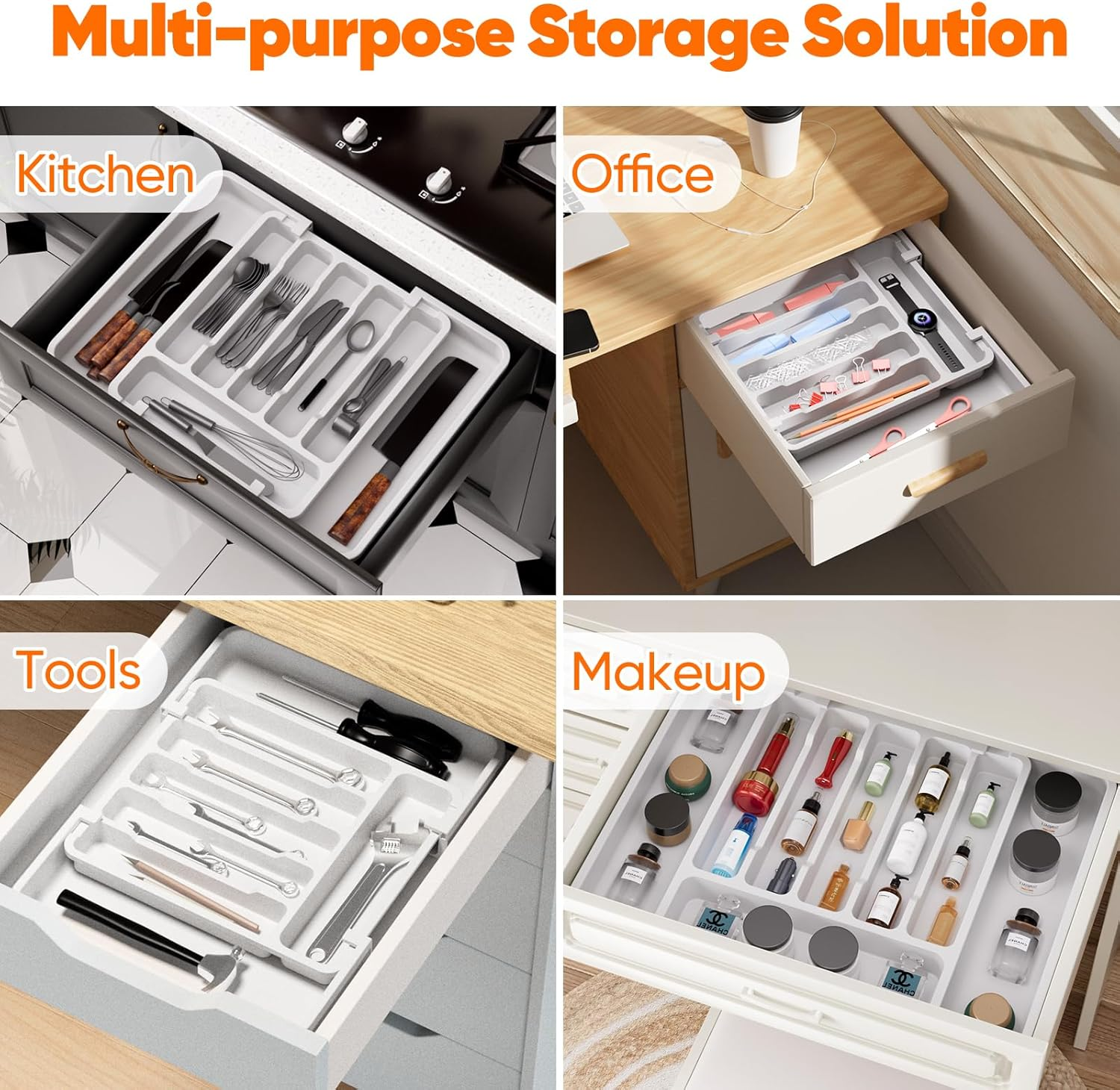 Cutlery Drawer Organiser Expandable Utensil Storage Box, Large Adjustable Silverware and Flatware Holder, Kitchen Organizer with Space Saving Design for Knives, Forks, Spoons, White image number 4