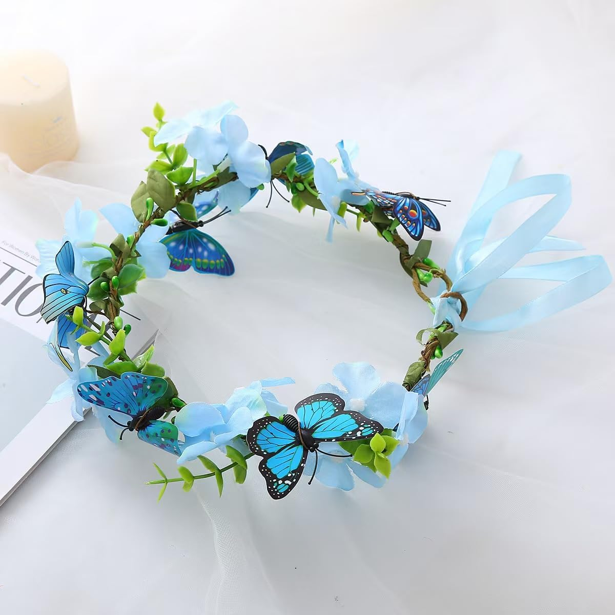 Blue Flower Butterfly Crown - Fairy Woodland Headband Artificial Forest Elf Floral Headpiece for Women Girls Maternity Halloween Renaissance Wedding Cosplay Party Hair Accessory image number 2
