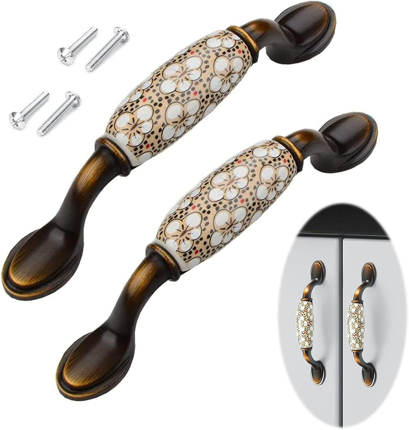 Vulevirtue Pack of 2 Vintage Floral Pattern Cabinet Handles, Floral Pattern Door Handles, Ceramic Cabinet Handles, Cupboard Drawer Push Handle with Screws, for Kitchen Drawer Cupboards Door (144 X 40 image number 6