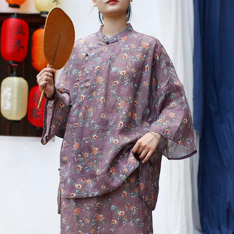 Women'S Vintage Chinese Style Linen Shirt Loose Fit Stand Collar Frog Button Top Blouse - Style C image number 6