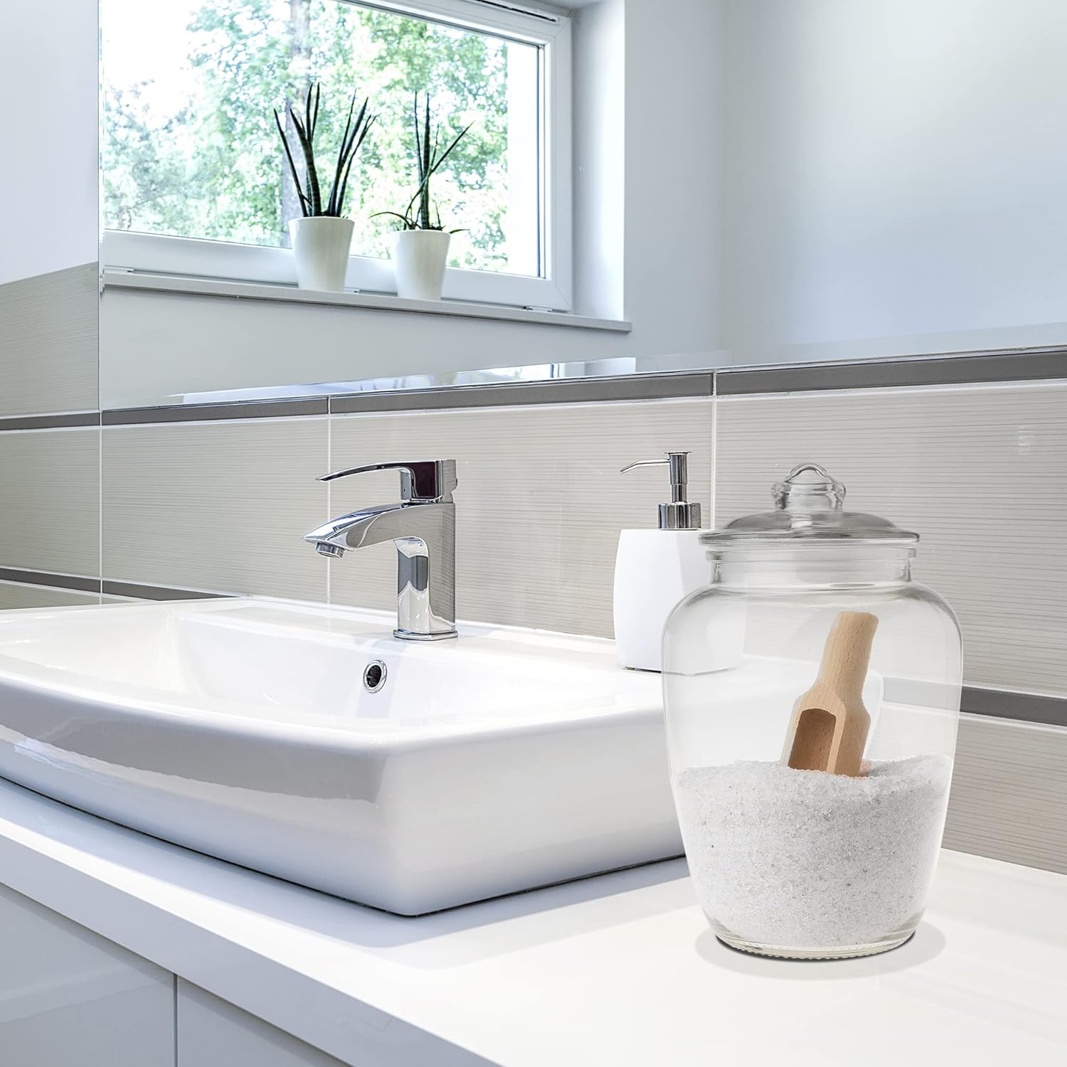 Upper Midland Products Glass Bath Salt Jar with Wooden Scoop for Bath Salt, Bath Salt Container with Airtight Lid Holds 74 Oz of Bath Salt Epsom Salt, Laundry, Flour Multi Use image number 1