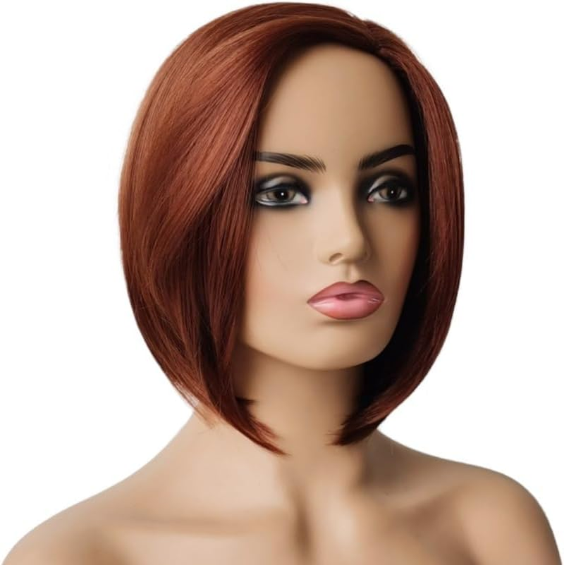 AUBWIG Short Bob Reddish Brown Straight Hair Wigs Shoulder Length Straight Side Bangs Synthetic Fibre Heat Resistant Hair for Women (Red-Brown) image number 2