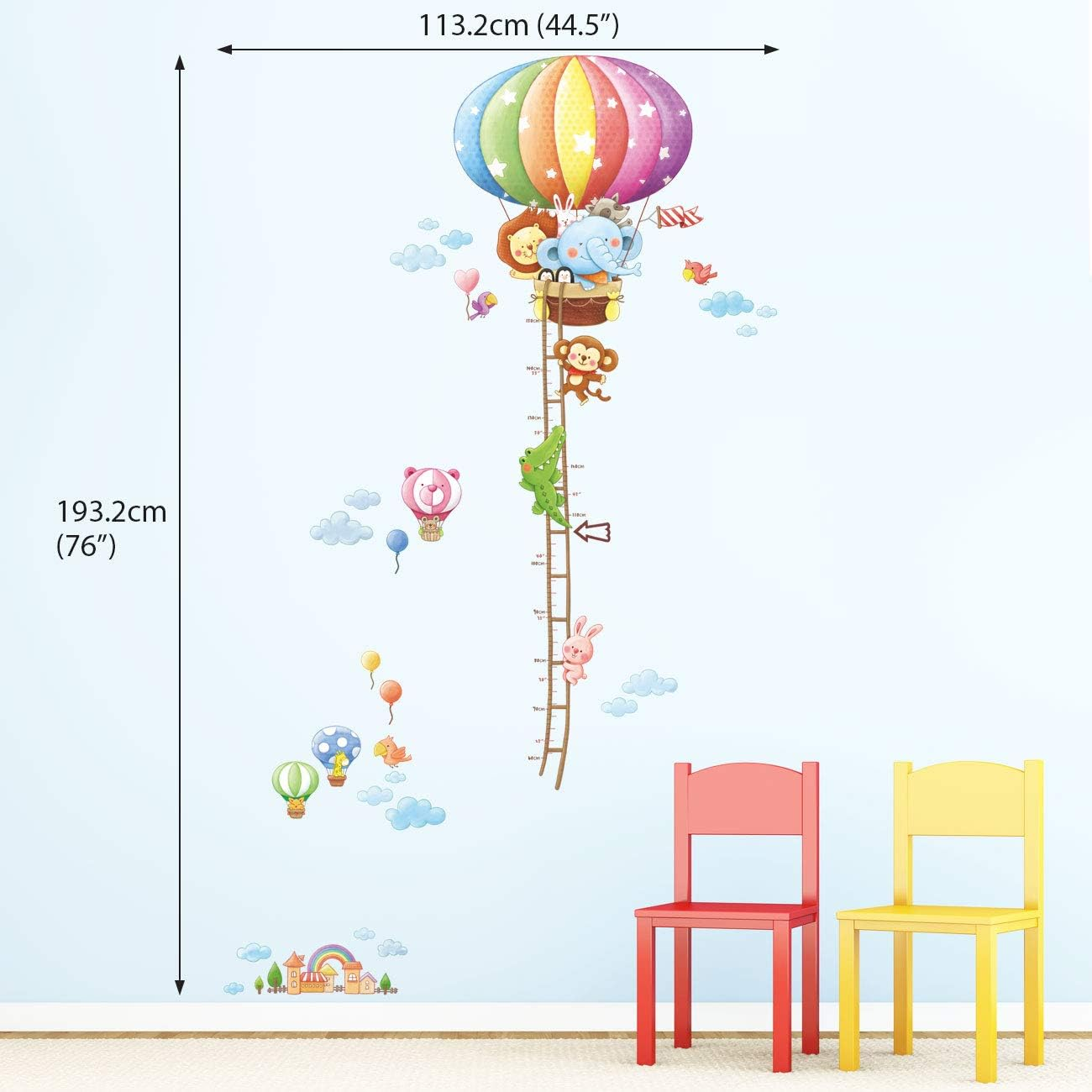 DECOWALL DAT-1606N Animal Hot Air Balloon Height Growth Chart Kids Wall Stickers Wall Decals Peel and Stick Removable Wall Stickers for Kids Nursery Bedroom Living Room image number 1