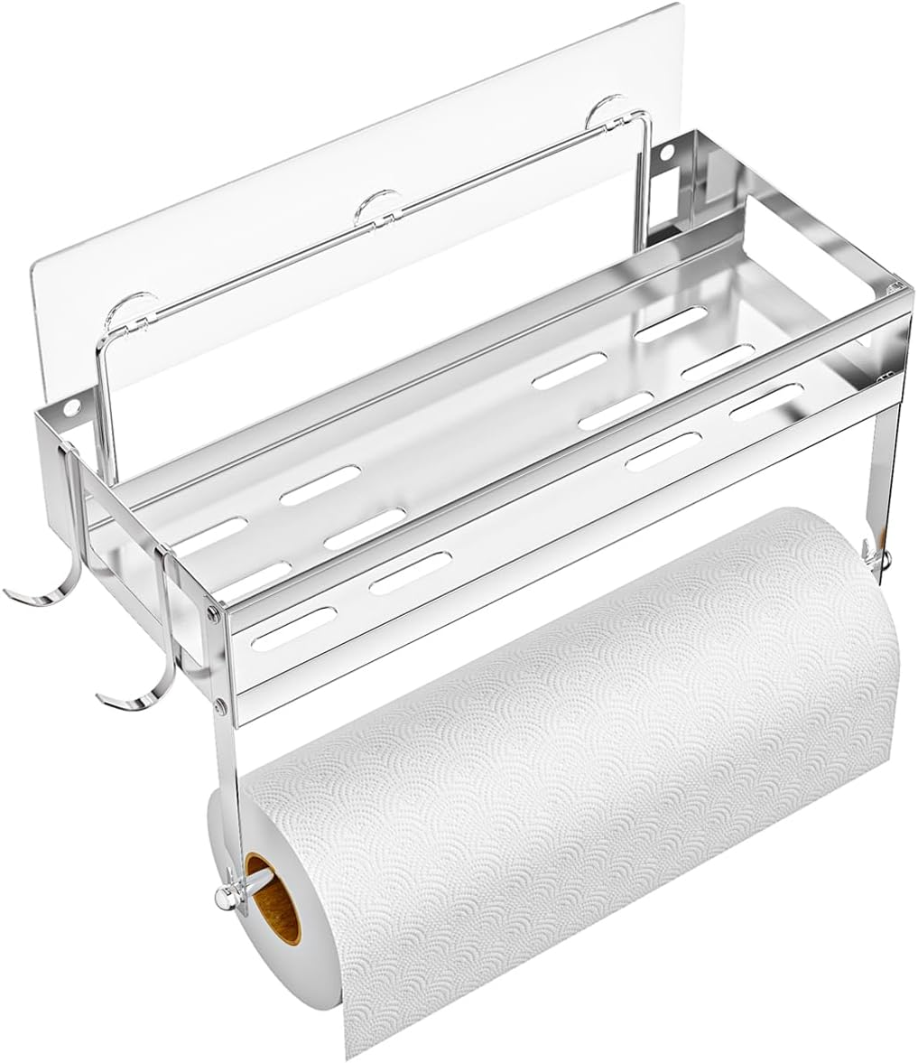 ESOW Paper Towel Holder with Shelf Storage, 2-In-1 Wall Mounted Paper Towel Roll Rack Basket for Kitchen, Balcony & Bathroom, Self-Adhesive or Drilling Installation, SUS304 Brushed Nickel Finish image number 6