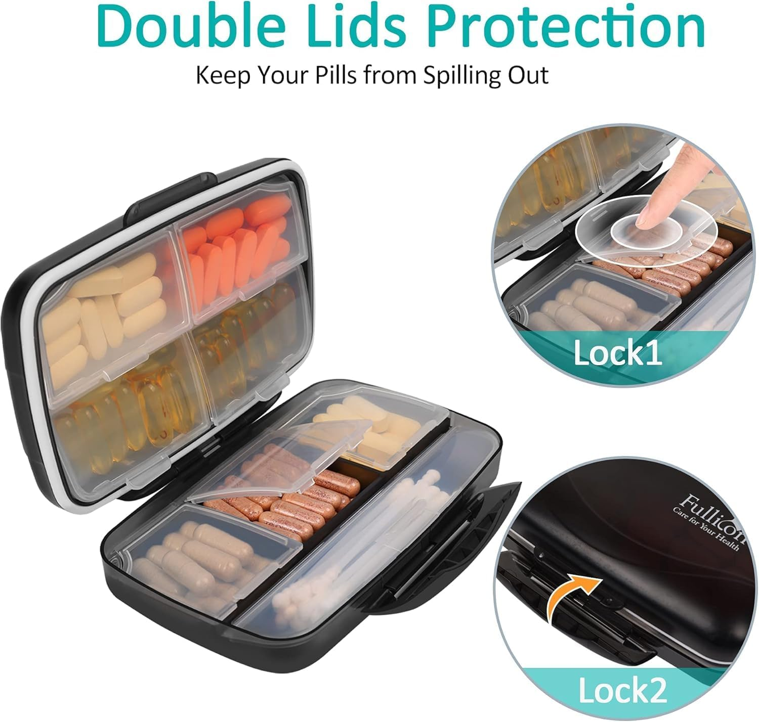Travel Pill Organizer Large Portable Medication Organizer, Fullicon Oversize 8 Compartment Pill Box, Vitamin Travel Case Pill Holder - Airtight & Moistureproof (Black) - Grey image number 2