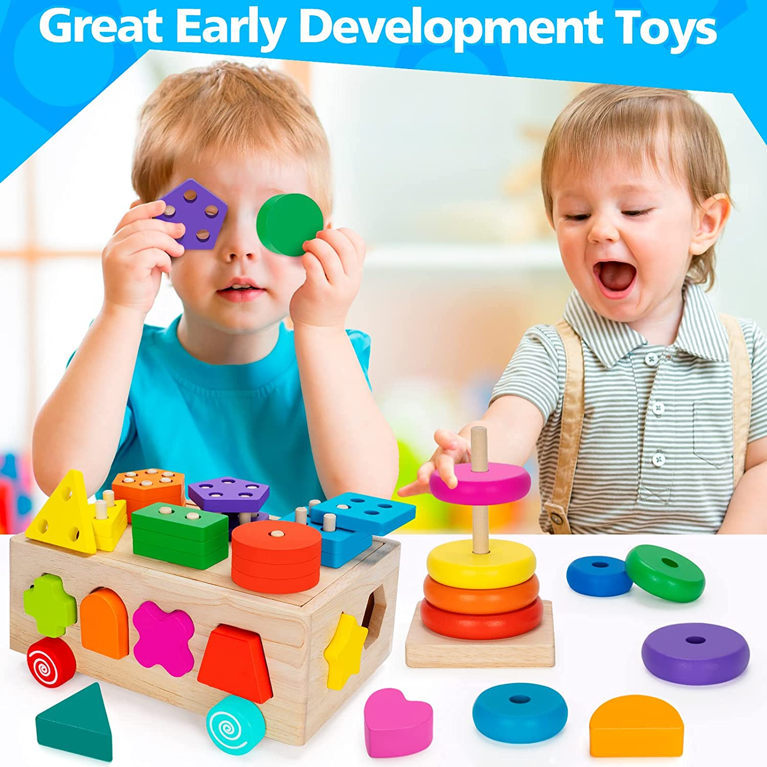 Aigybobo Montessori Toys for 1 Year Old, Baby Toy 12-18 Months, Wooden Shape Sorting & Ring Stacking Toys for Toddlers and Kids Preschool, Ideal for Boys Girls Age 1 2 3 Years Old