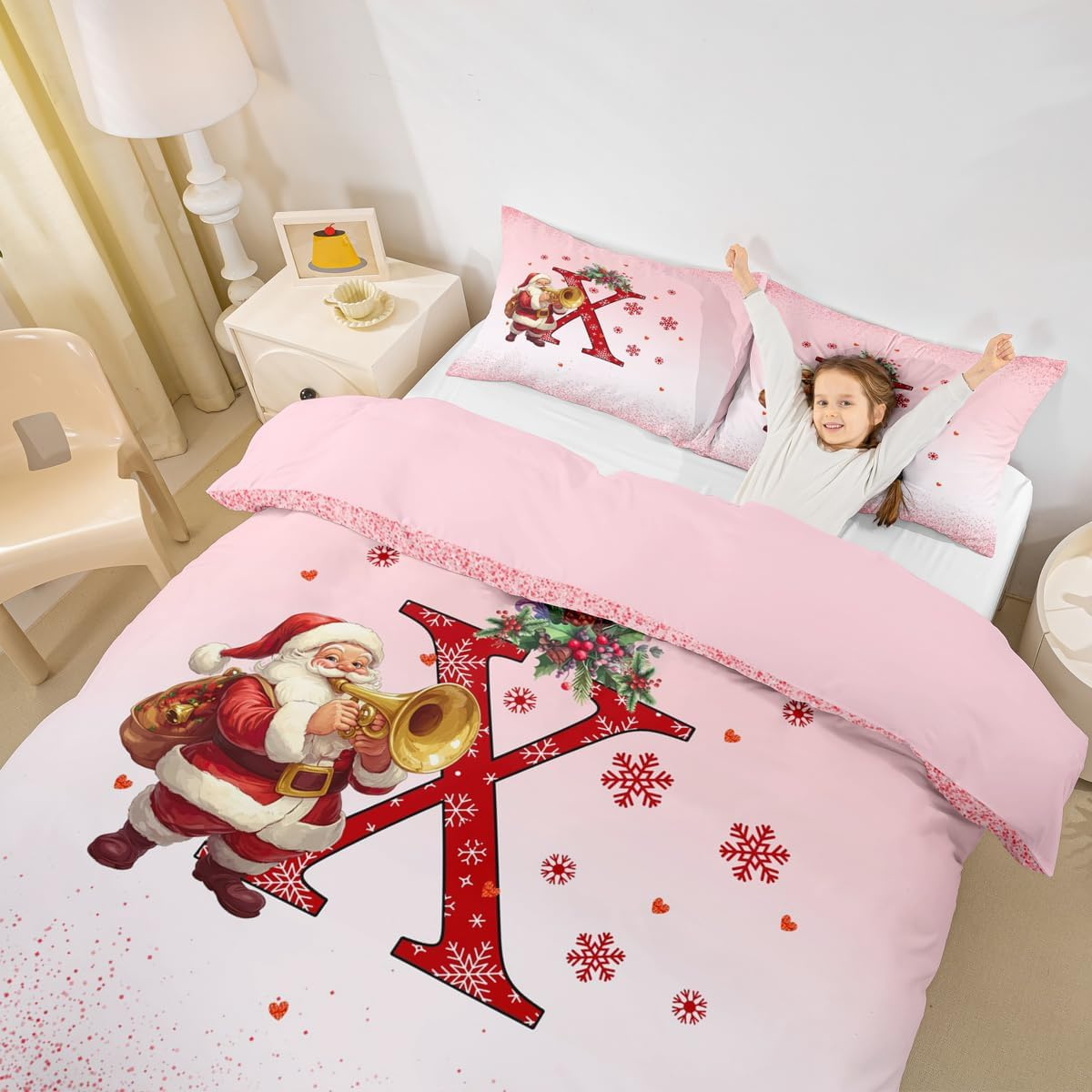 Homemissing Children'S Pink Christmas Theme Bedding Set 135 X 200 Cm Alphabet Personalised Initials Letter X Duvet Cover Boys Girls Christmas Snowflakes Santa Claus Bedding Set image number 1