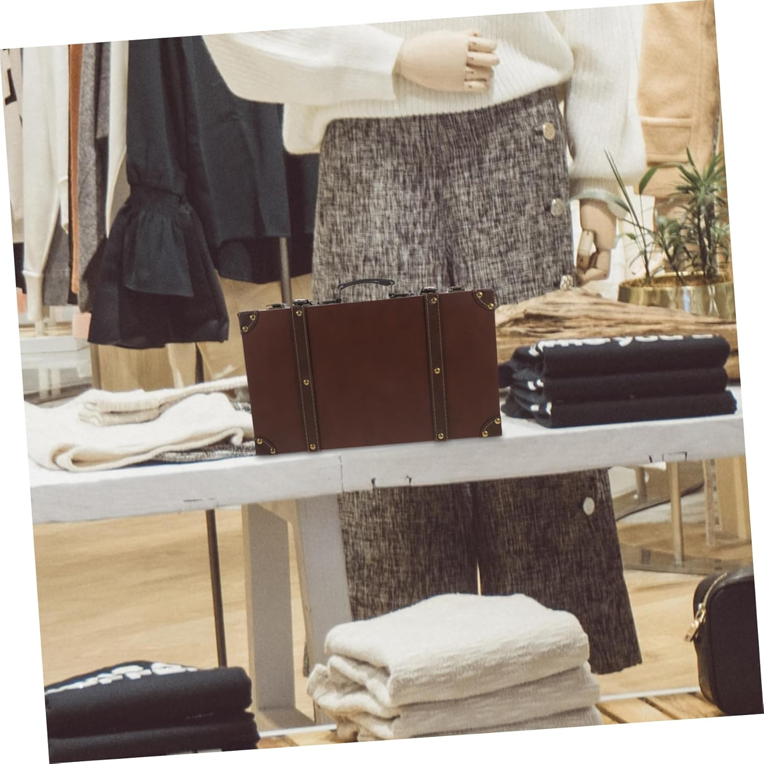 Vintage Style Leather Trunk Luggage Small Size Brown Retro Decorative Suitcase Box Photo Props Storage for Clothing Store Display image number 1