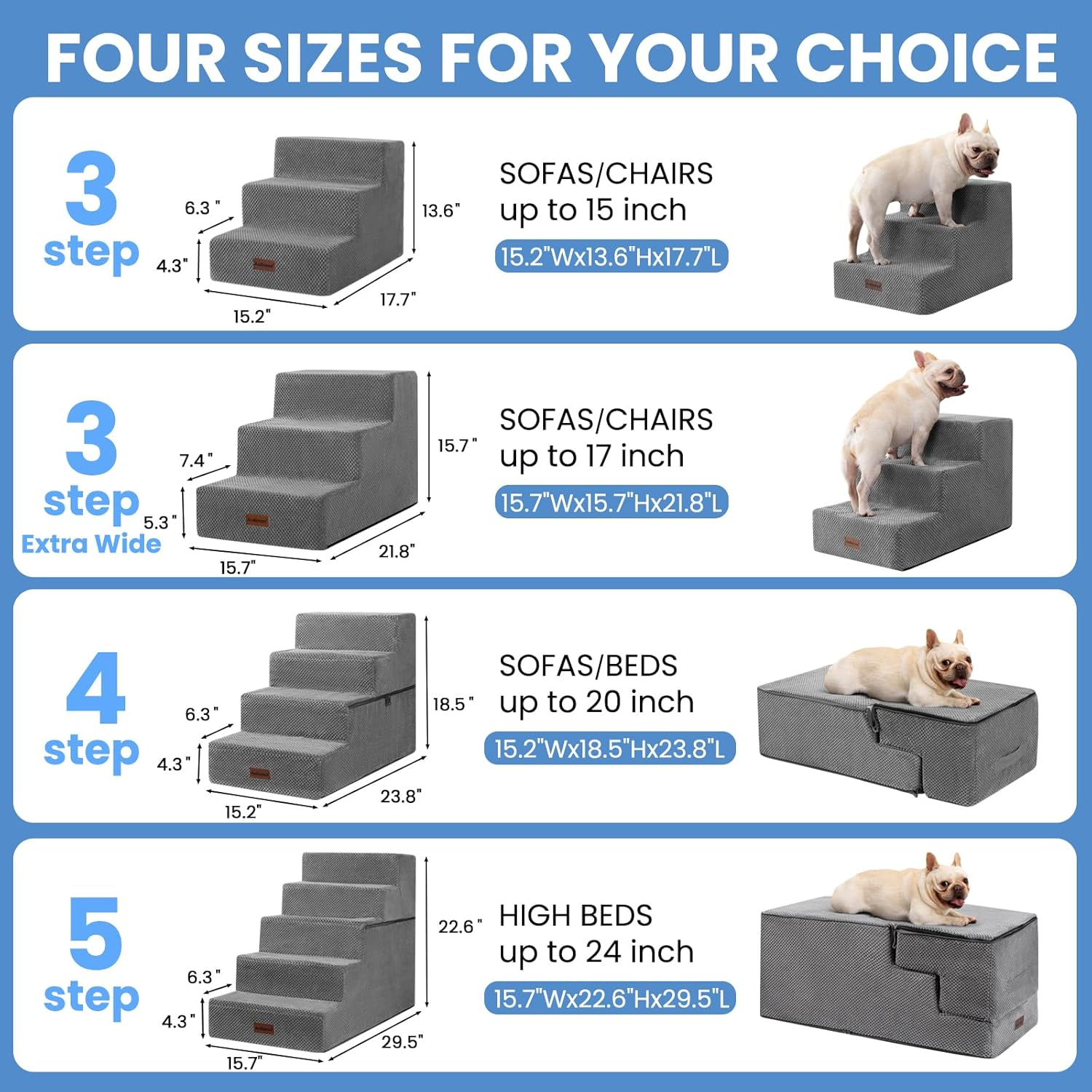 Dog Stairs for Small Dogs & Cats, 3-Step Non-Slip Pet Steps for Couch Sofa and Chair, Grey, 13.6" H image number 3
