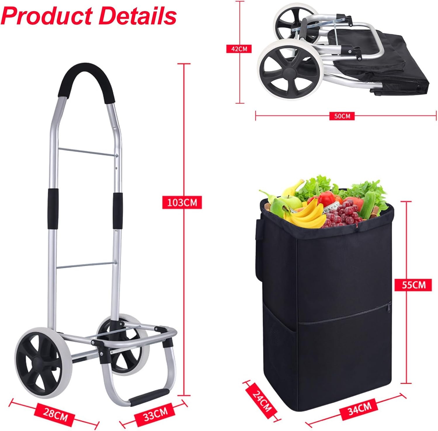 Black Shopping Trolley Cart, Foldable Rolling Dolly with Two Wheels and Removable Bag for Groceries, Shopping, Camping, Laundry, 33 * 28 * 103Cm image number 5