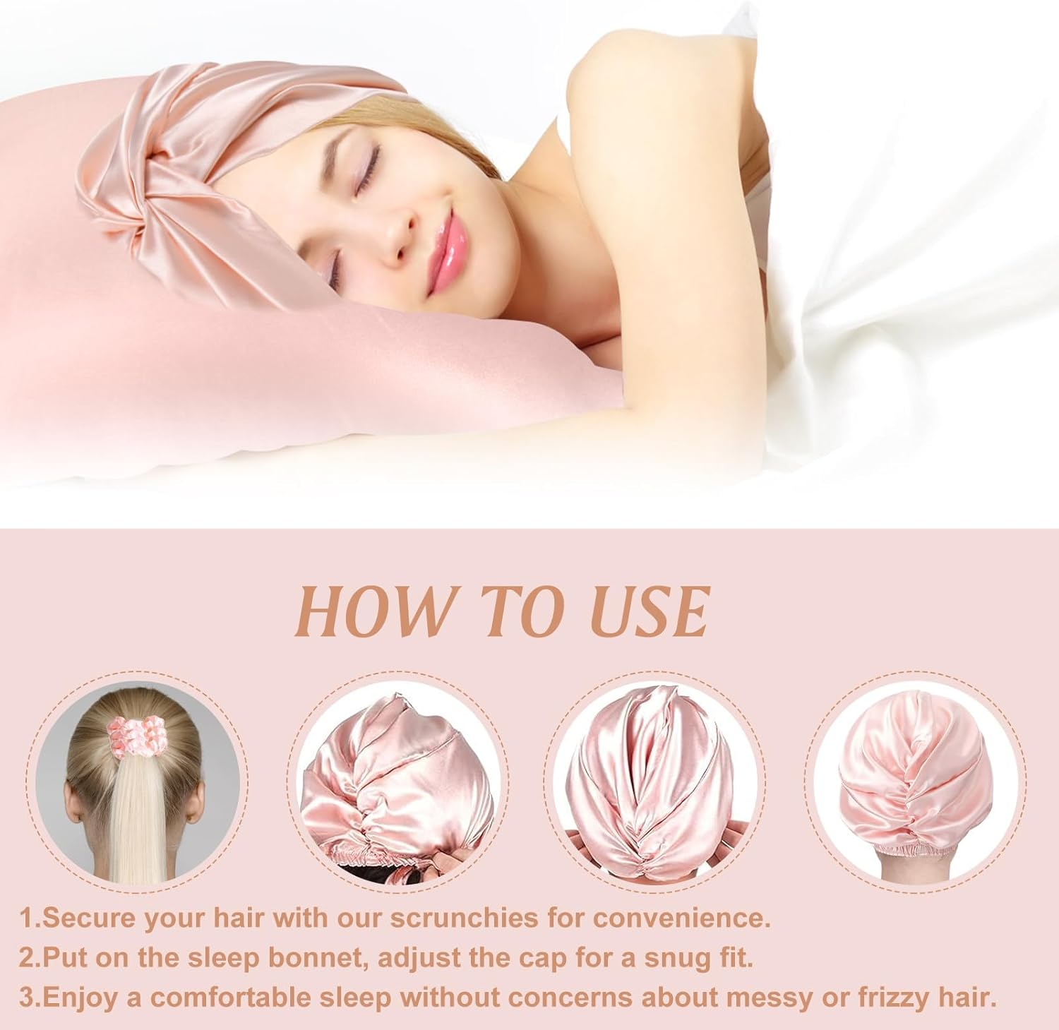 YBVABE Satin Bonnet and Scrunchies Set - Multipurpose Hair Cap and Shower Cap - 6Pack Silk Satin Accessories for Hair Protection and Style Preservation - Haircare Accessories for Women (Rose Gold & Purple) - Rose Gold  Champagne Gold image number 2