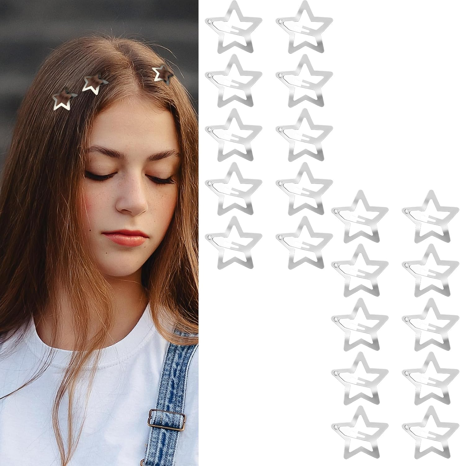 Qianyu 20 PCS 1.22" Star Hair Clips for Girls Non Slip Star Hair Barrettes Y2K Silver Metal Hair Accessories Kawaii Snap Kids Women Decoration Face Wash Clip Decoration image number 1