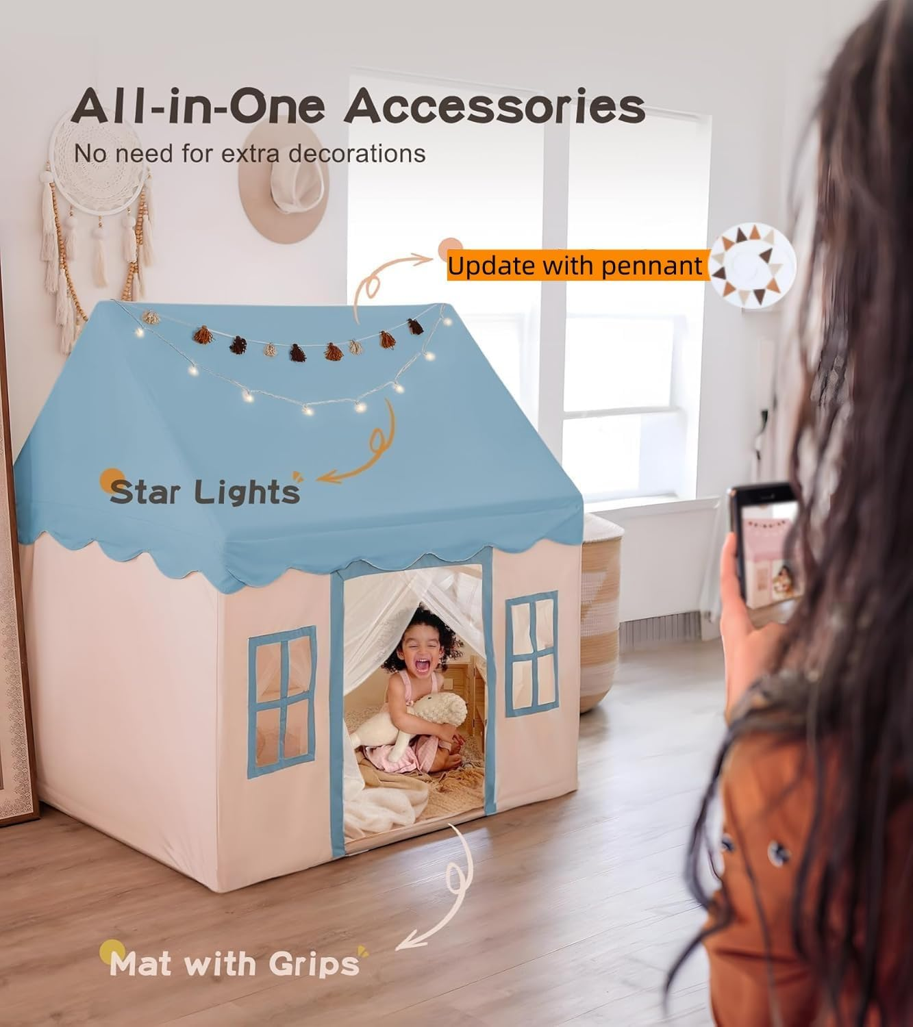 Large Kids Play Tent with Mat, XICEN Play Tent Indoor with Star Lights and Windows, Playhouse for Boys and Girls Aged 3+, Kid Tent with Mat Washable (Blue Top)