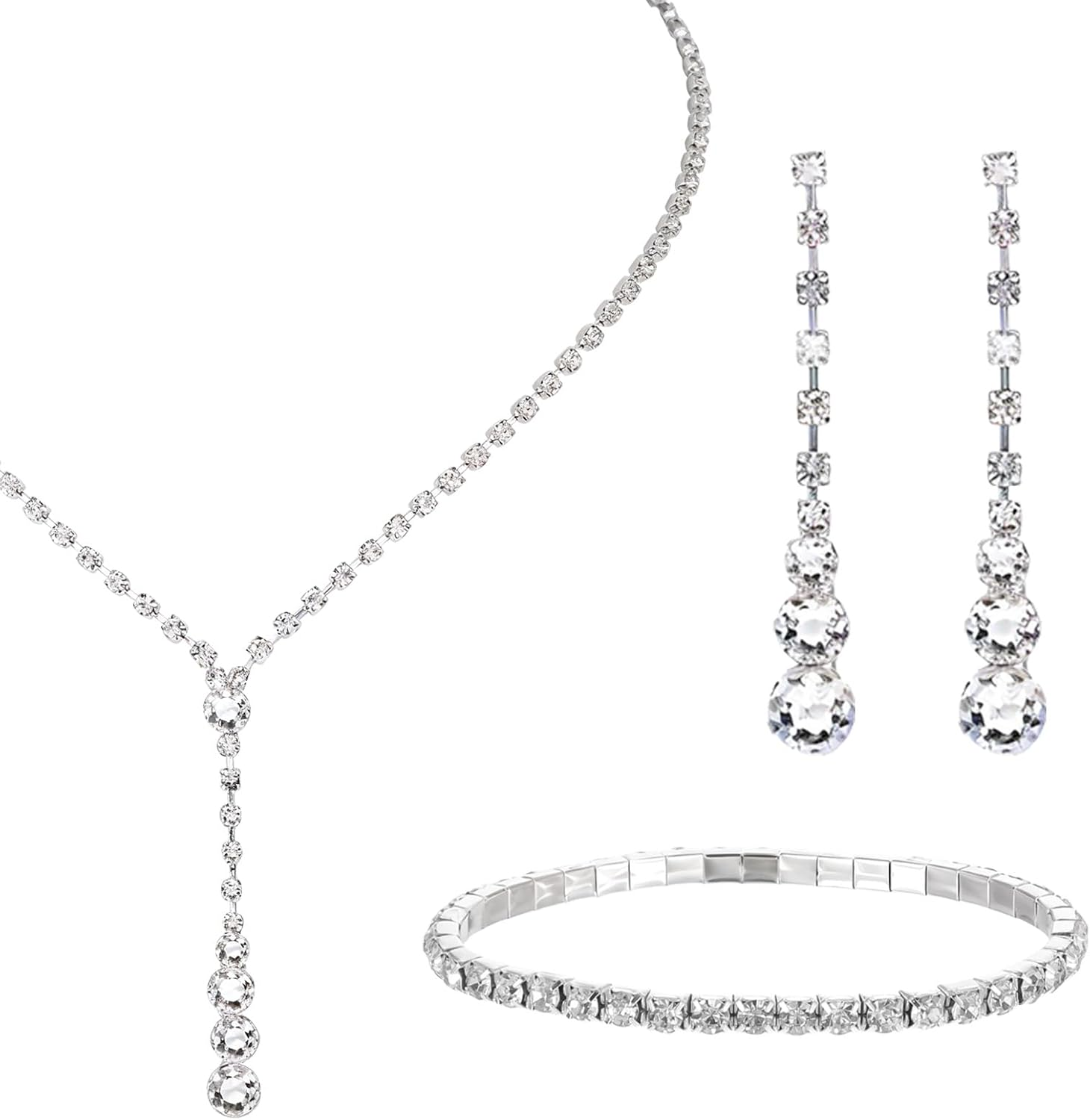 Crystal Jewelry Set for Women, Silver Bridal Jewelry Set Rhinestone Necklace, Bracelet and Earrings, Bridal Wedding Party Accessories image number 4