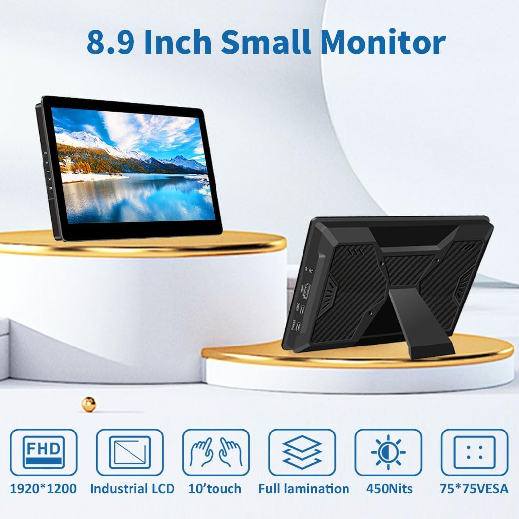 Portable Monitor Touchscreen,8.9 Inch Small Monitor for Computer| 1920 * 1200 |16:10|450Nits|Optical Bonding| HDMI/USB-C Port|Mini Display for Raspberry Pi Laptop Mini PC Mac image number 5