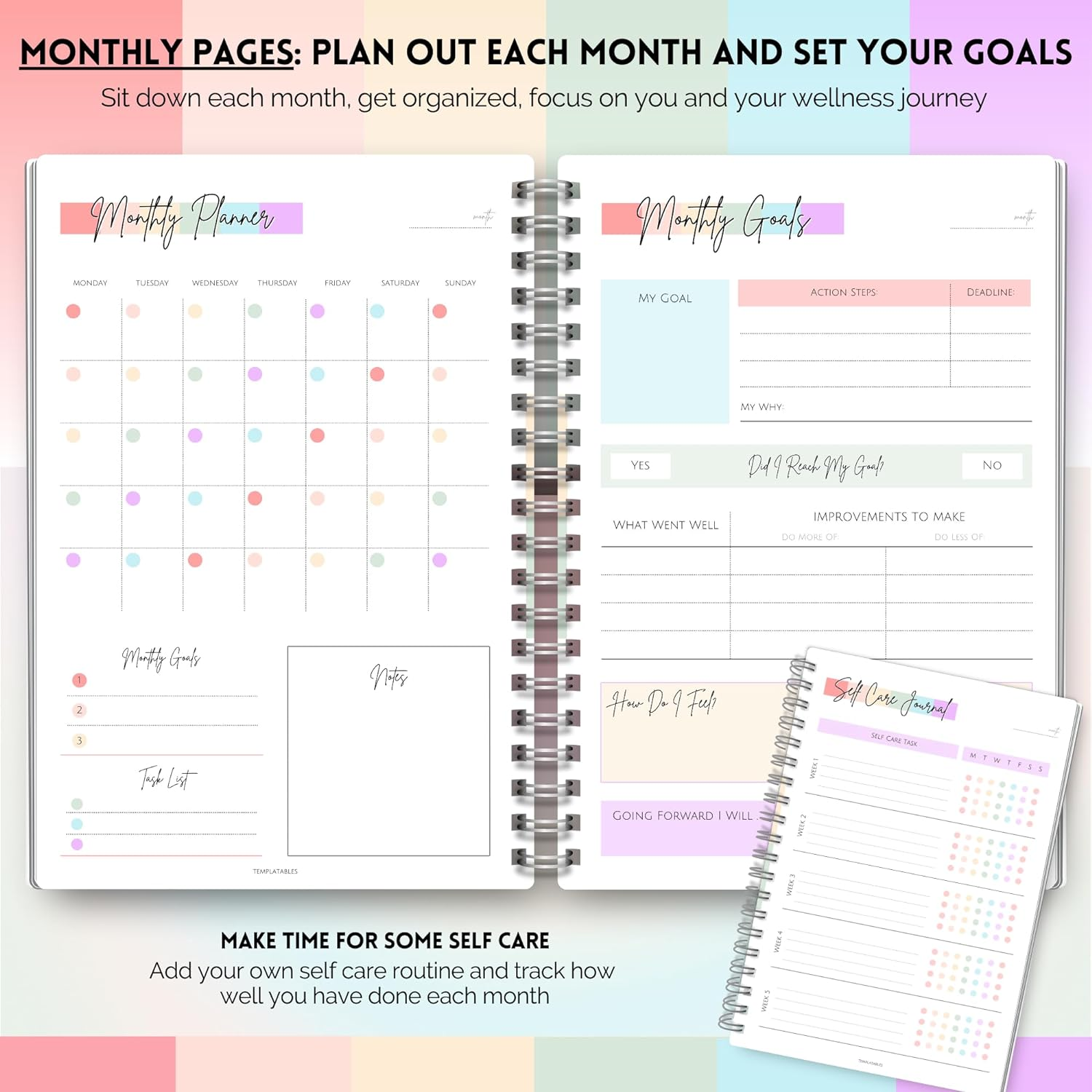Templatables Wellness Journal - 90 Day Health, Fitness, Gratitude, Mindfullness, Wellbeing, Habit, Goals, Diet & Food Tracker - A5 Pastel Rainbow, (TPWPPR) image number 2