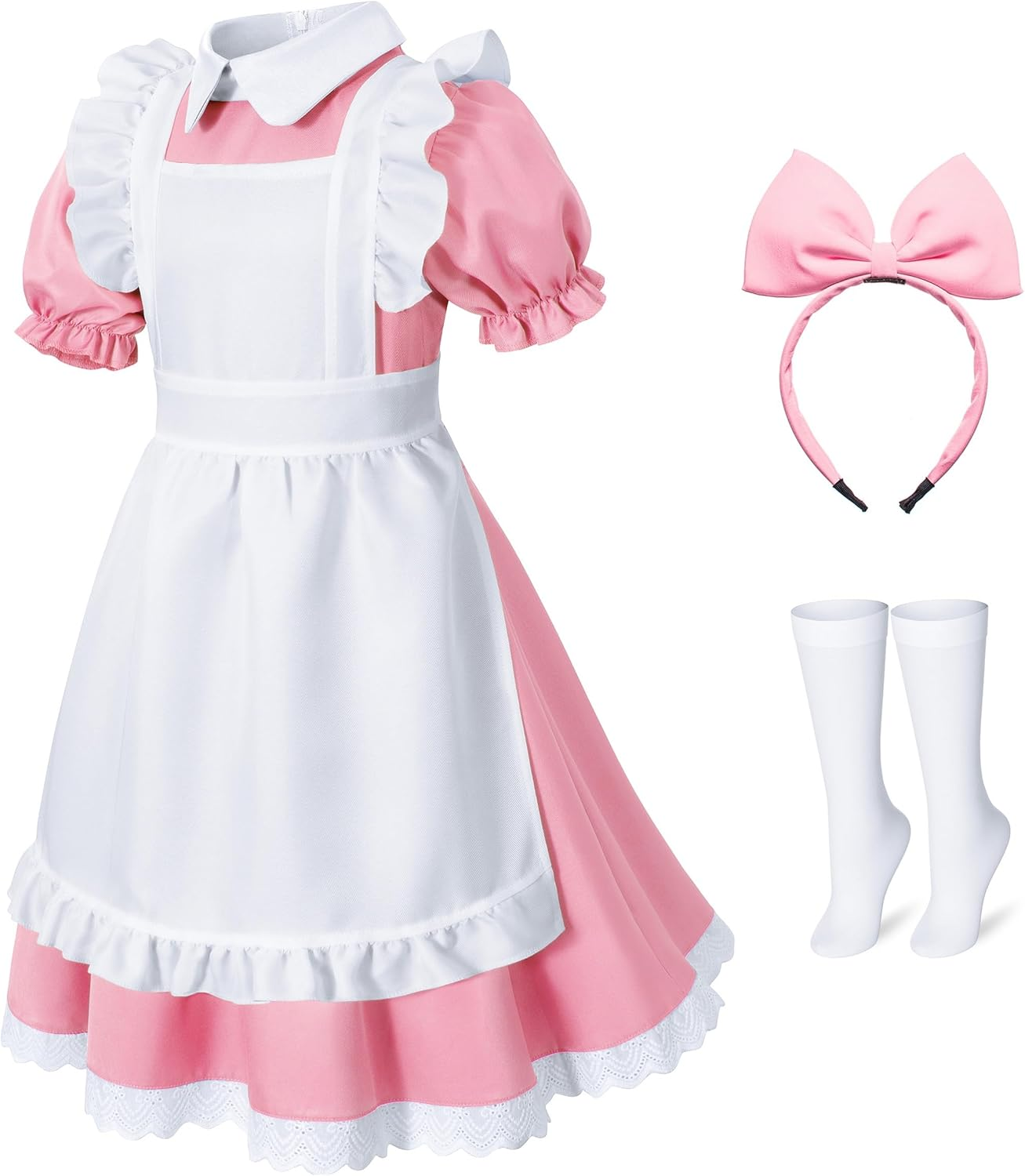 Irtysh Girl Blue Dress White Apron Halloween Cosplay Costume with Bow Hair Band Stockings Set
