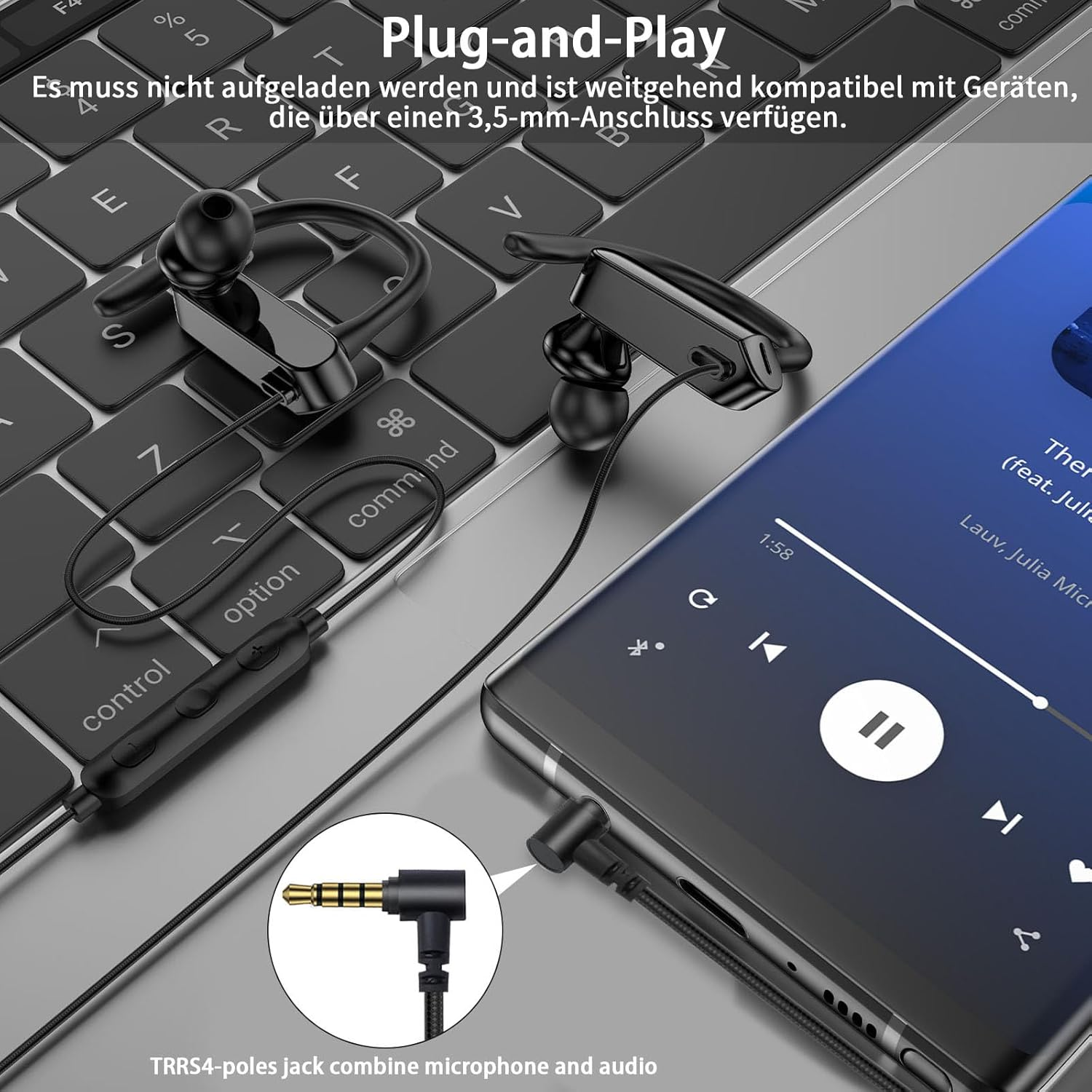 In-Ear Headphones with Cable Sports Headset with Ear Hooks 1.8 M Microphone and Volume Control 3.5 Mm Headphones for Samsung A25 Iphone Ipad Hifi Sound for MP3 MP4 Laptop Gaming Office Workout Music image number 6