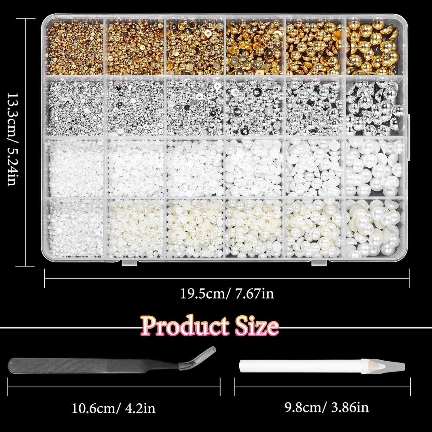 9000 Pcs Gold Silver Flatback Pearls for Crafting, Half round Nail Pearls, Silver Gold Nail Gems Beads, 2-8 Mm White Beige Pearls Beads for Nails DIY Jewelry Face Makeup with Pickup Pencil Tweezer