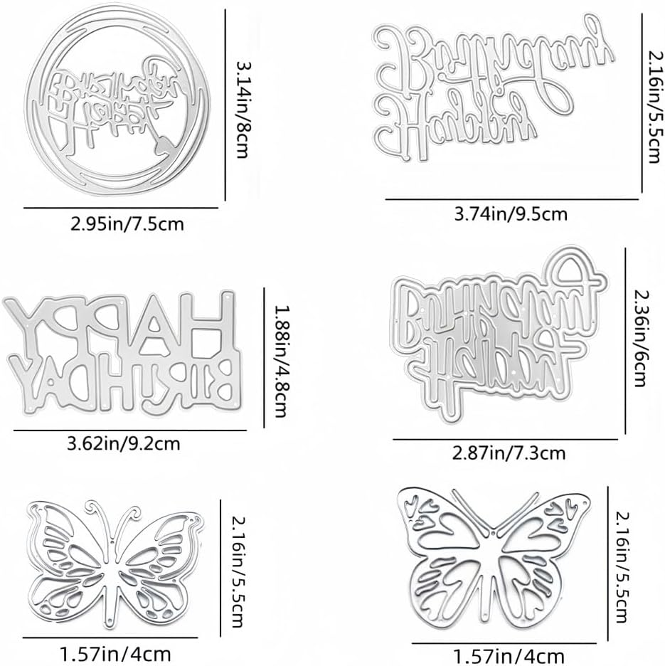 6 Pack Die Cuts for Card Making, Happy Birthday & Butterfly Shapes, Carbon Steel, Card Making Dies
