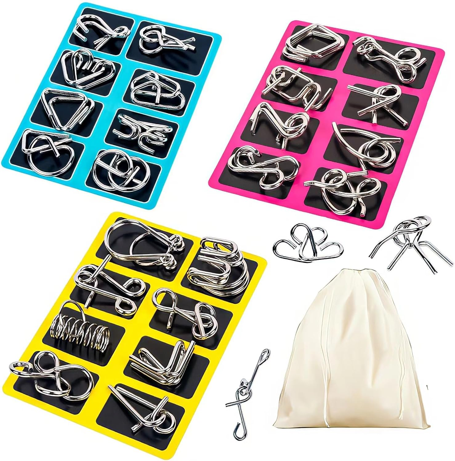 AUKEXLY Metal Wire Puzzle Set of 24 with Pouch,Brain Teaser IQ Test Disentanglemen Iron Link Unlock Interlock Game Chinese Ring Magic Trick Toy for Party Favor Kids Adults Challenge image number 1