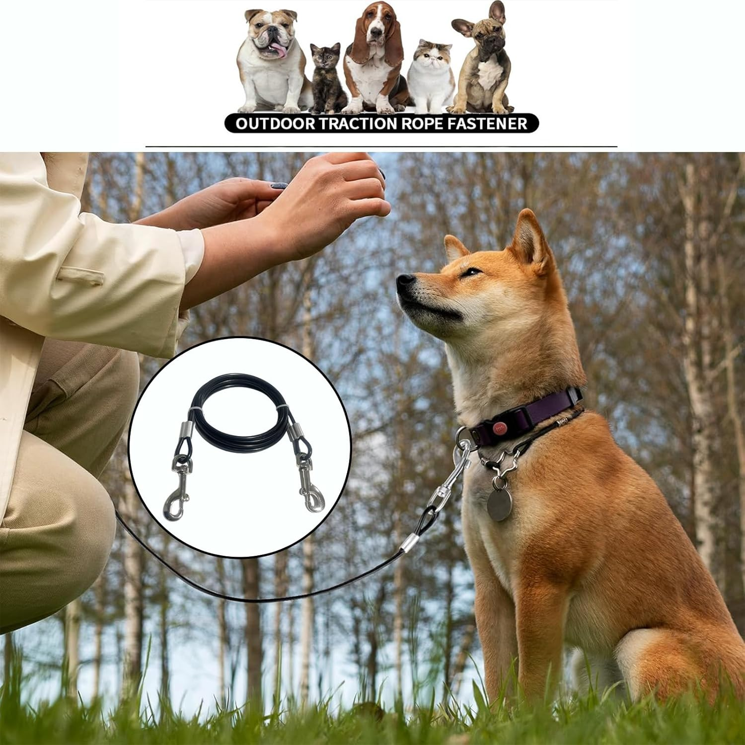 Black Tie Out Cable Leads, 2 Pack Chew Proof Dog Leash Extension Rope Non-Tangle Connect Training Tether for Yard, Outdoor and Camping image number 1