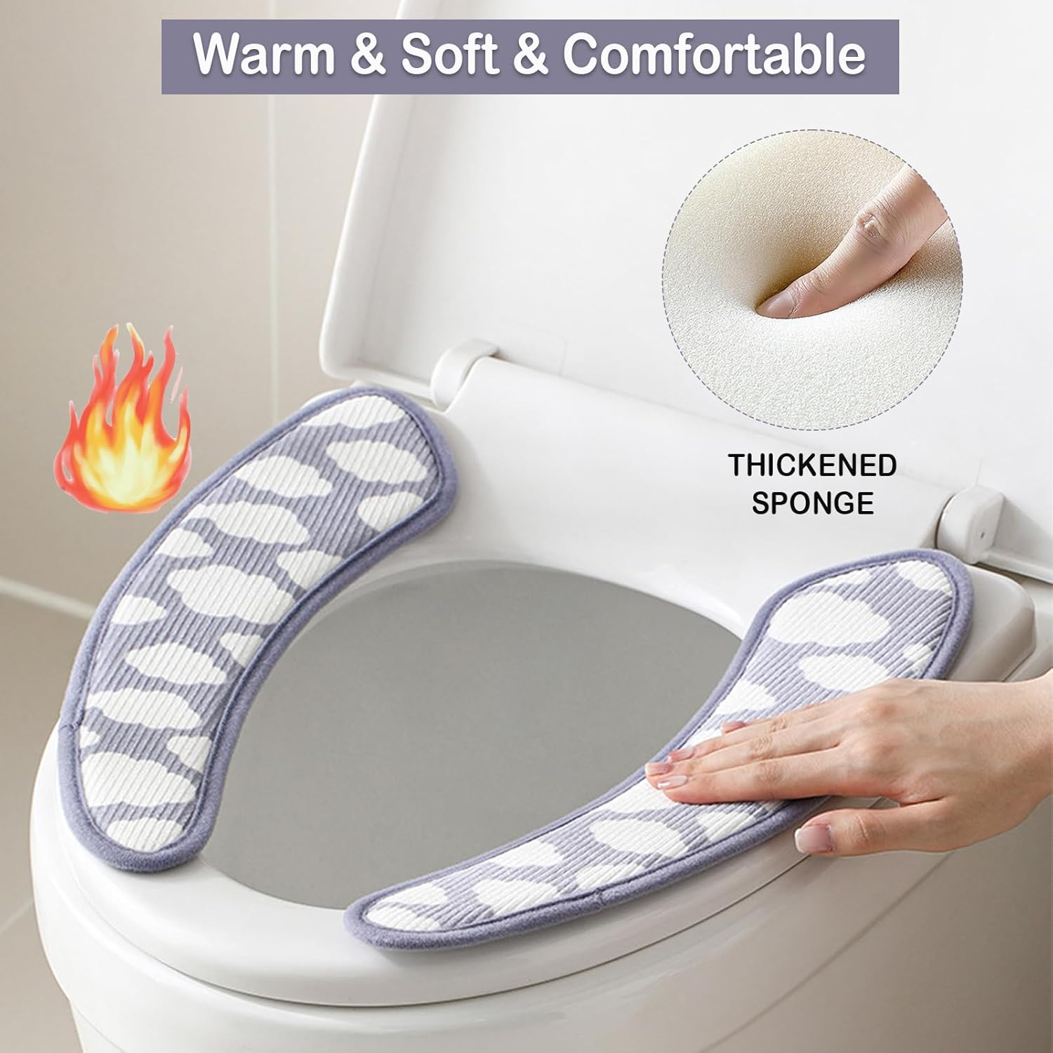 Thick and Warm Toilet Seat Cover &ndash; Washable, Reusable Cushion with TPR Adhesive & Cloud Pattern for Extra Comfort & Insulation (Blue) image number 3