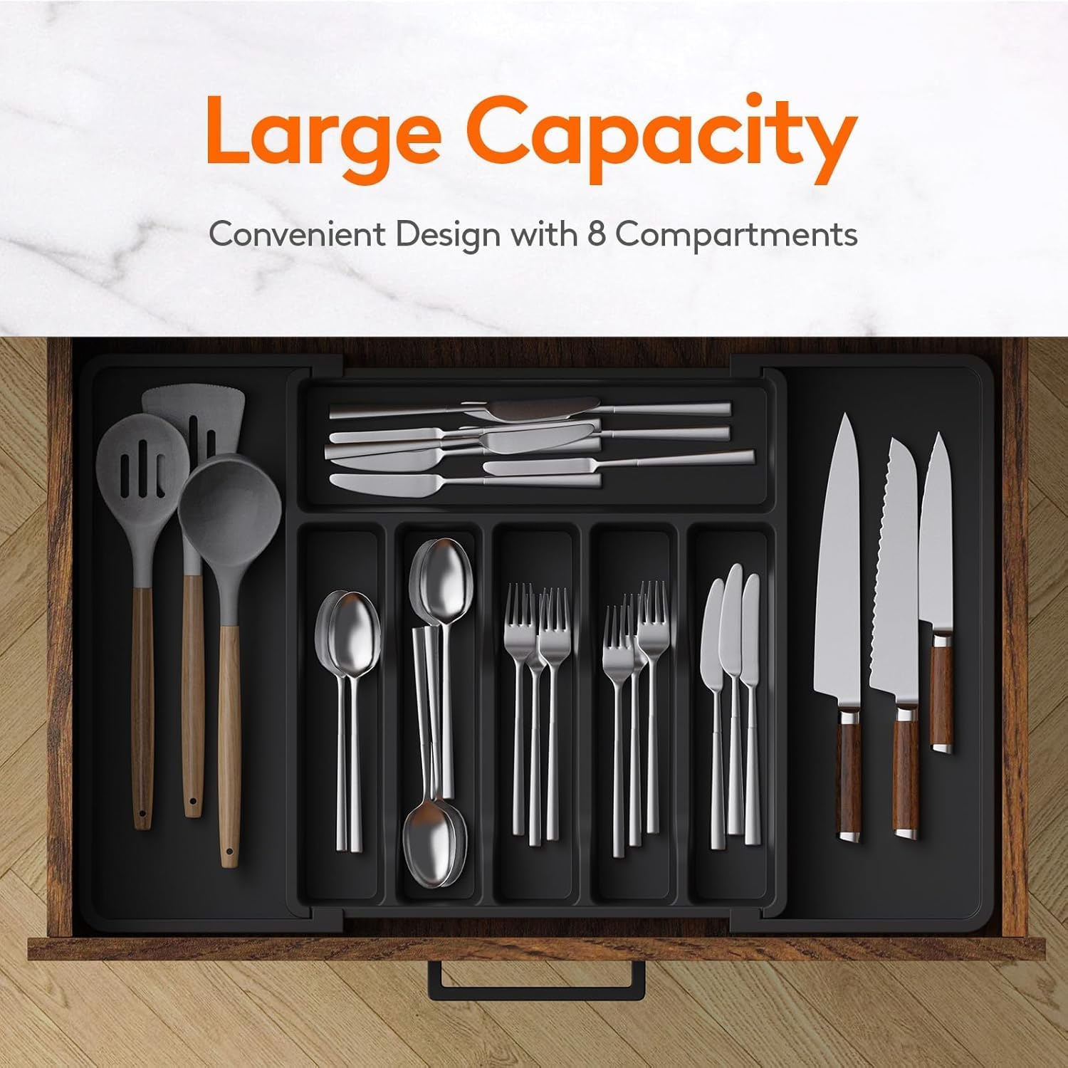 Adjustable Kitchen Cutlery Drawer Organiser, Expandable Utensil Tray, Large Black Storage for Silverware