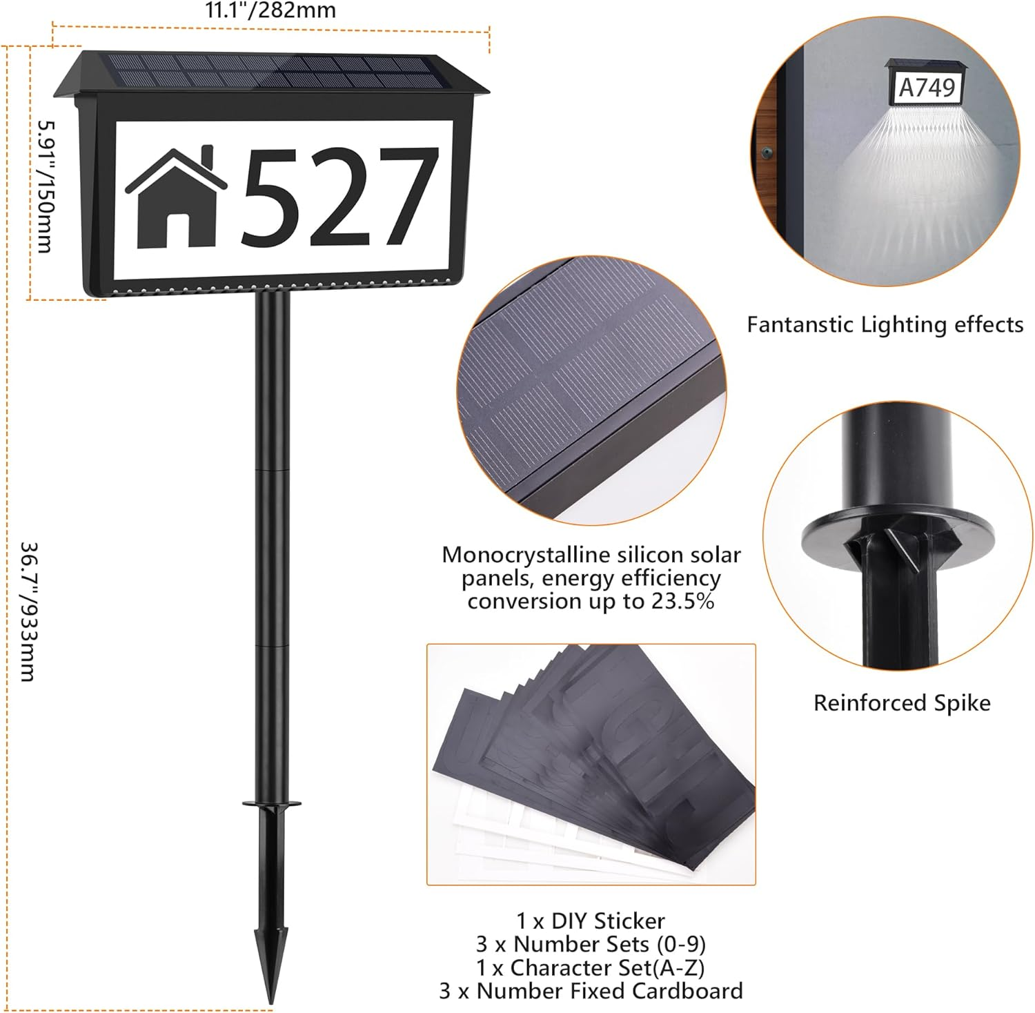 Solar Address Sign, House Numbers for outside Light Up, 3 Colors Waterproof LED Illuminated House Numbers with Stake, Wall Mounted/In Ground Solar Powered Address Plaque for Yard Garden Home image number 5