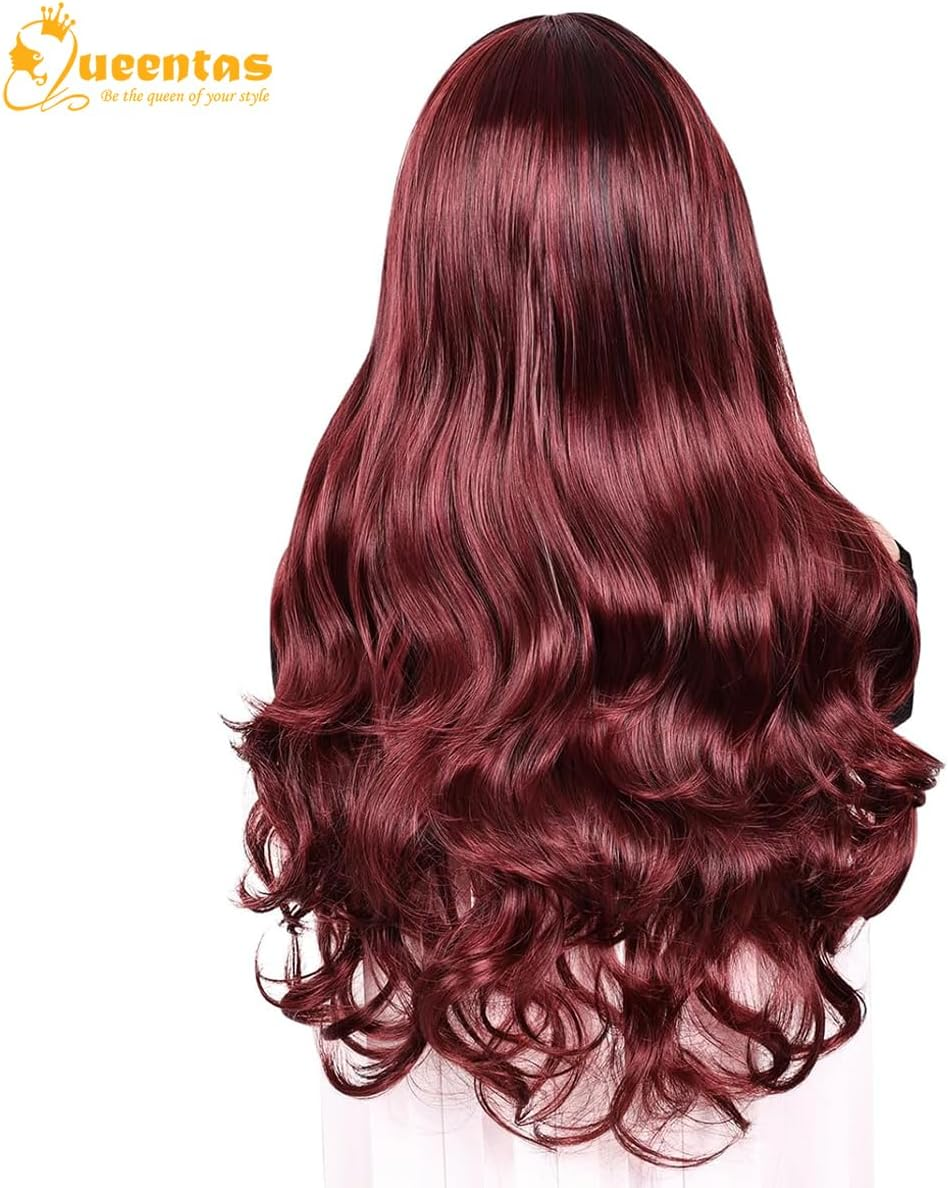 QUEENTAS 24 Inch Black Ombre Burgundy Wigs for Women Long Curly Wig Glueless Deep Wave Synthetic Hair Wigs