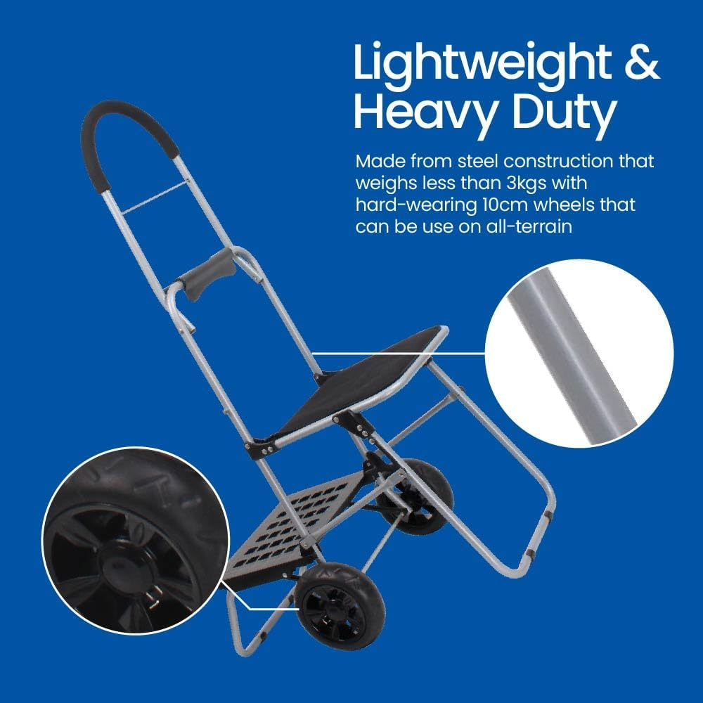 White Magic Handy Trolley with Seat - 3 in 1 Multi-Purpose Shopping Cart, Lightweight Stainless Steel, Comfortable Seat Supports up to 100Kgs, Jumbo Carry Bag with 7 Pockets image number 2