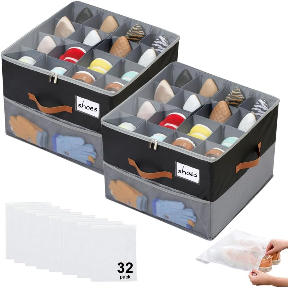Shoe Storage Box with 16 Bags, TINY SPARK Foldable & Adjustable Organiser with Clear Cover and Leather Handles, Fits 8-16 Pairs, Beige, 43&times;43&times;31Cm (16.9&times;16.9&times;12.2In)
