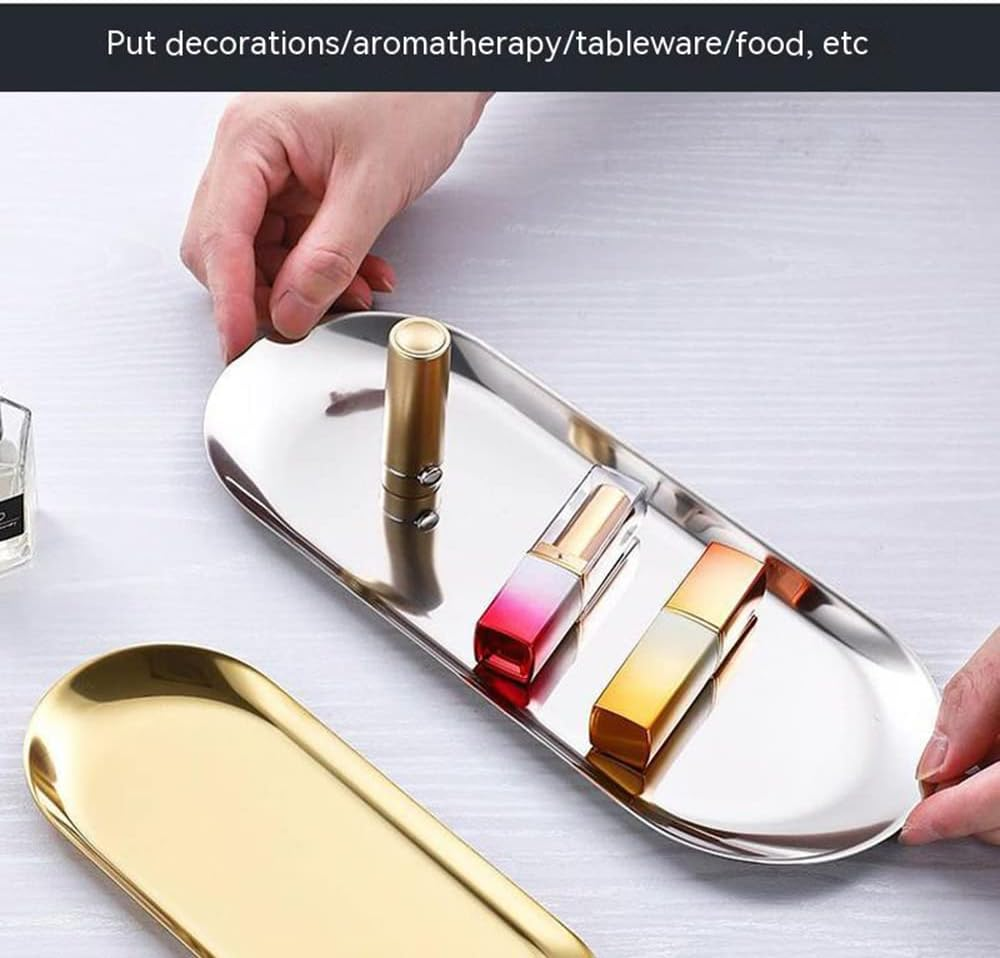 Hbluefat 2Pcs 12In Silvery Stainless Steel Tray for Serving Decorative Gold Jewelry Bar Jewelry Dish Key Bowl Mirror Dresser Decor Coffee Fruit Metal Perfume Trim Storage Dessert（Oval (Silvery) - Golden image number 5