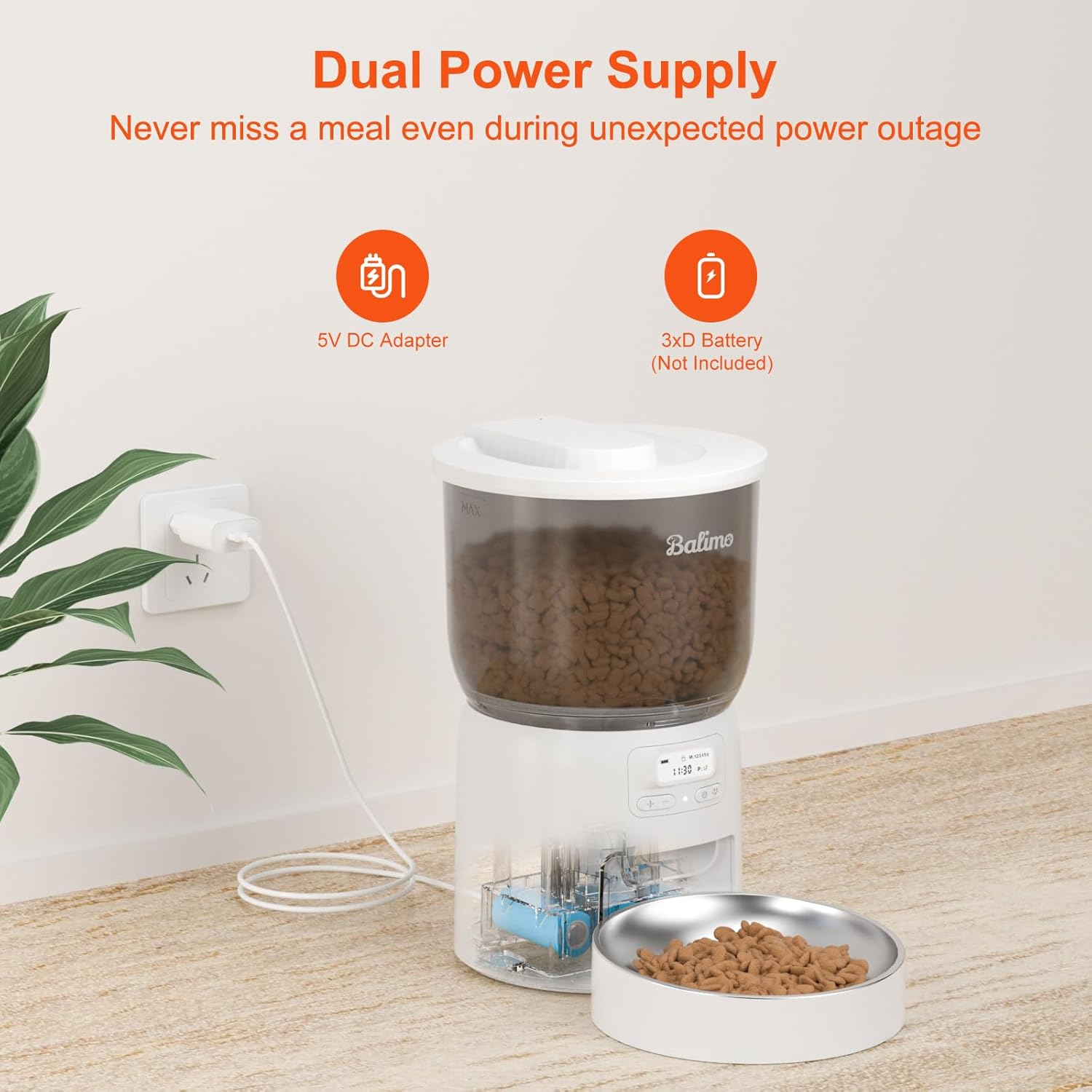 Balimo Automatic Cat Feeder, 3L Cat Food, Programmable Timer, Cat Feeder, Automatic Feeder for Cats and Dogs, 1-6 Meals a Day, with Stainless Steel Bowl Basin, White - White image number 5