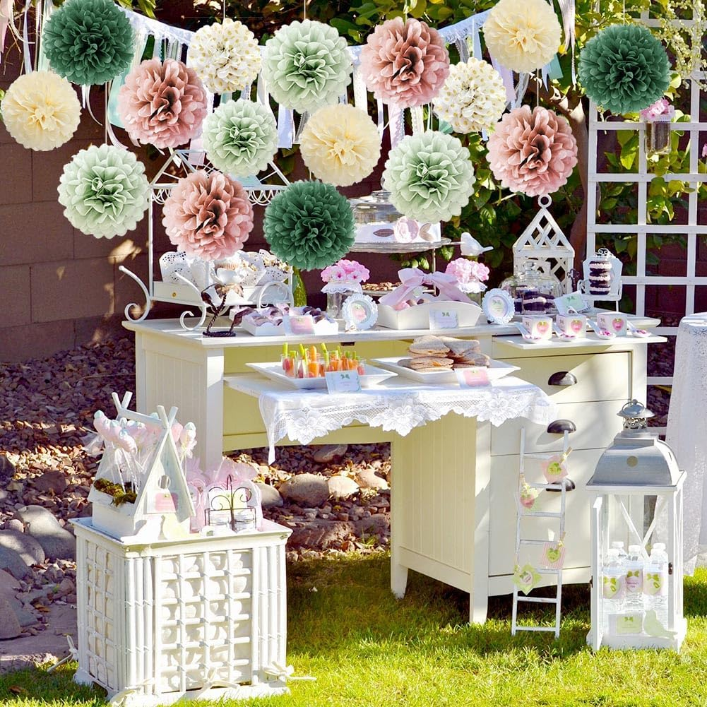 16Pcs Dusty Rose Olive Sage Green Tissue Paper Pom Poms Flowers Sage Green Dusty Pink Party Decorations for Bridal Shower Baby Shower Rustic Wedding Birthday Engagement Party Decorations image number 6