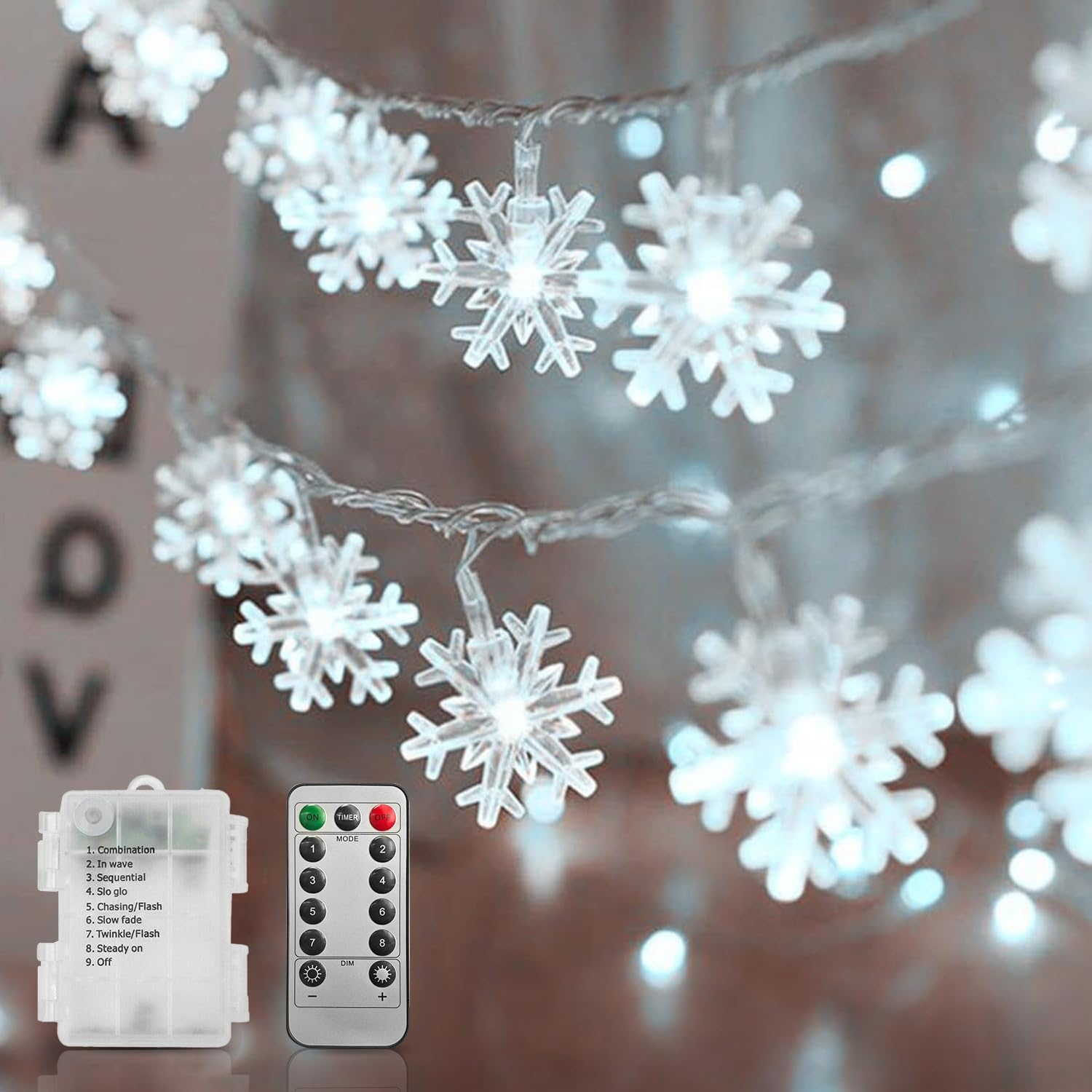 Christmas Fairy Lights, 10 M/33Ft 80 LED Snowflake String Lights Battery Operated with Remote Timer 8 Mode Hanging for Indoor Outdoor Bedroom Home Party Xmas Tree Decorations - Warm White