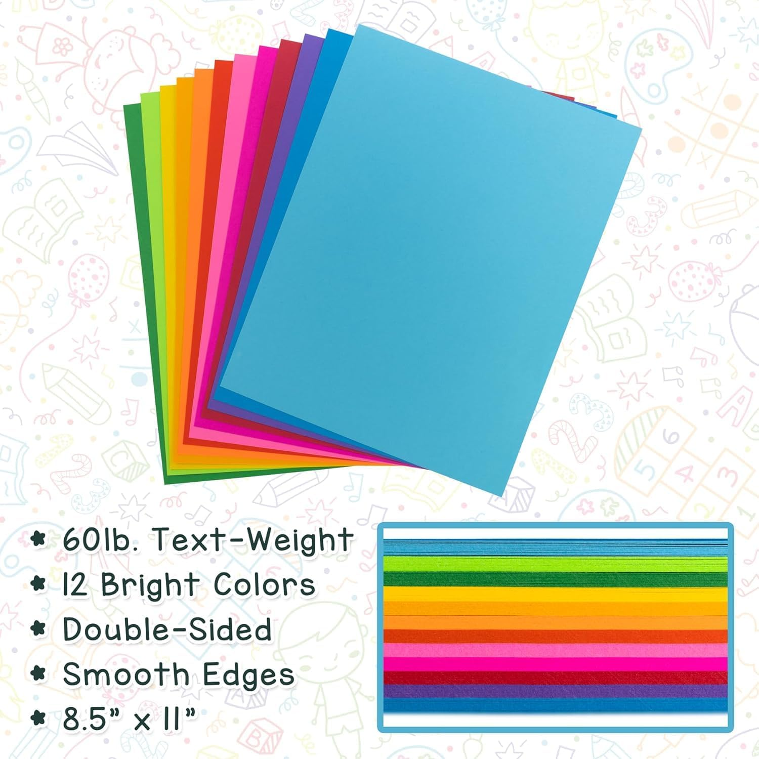 Assorted Bright Colored Paper 80 GSM, Acid-Free, Fade-Resistant, 8.5X11 Inch Letter Size Color Copy Paper, 48 Sheets, 12 Colors image number 3