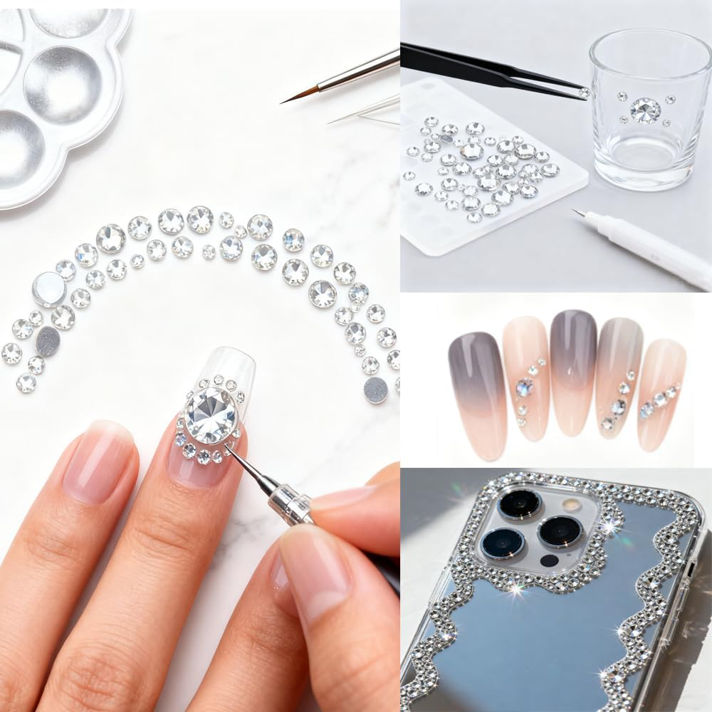 2000Pcs Glass Rhinestones with Tweezers and Nail Rhinestone Picker,Flatback Crystals Diamond for Bedazzling Crafts, DIY Nail Art Makeup,Clothing Shoes image number 3